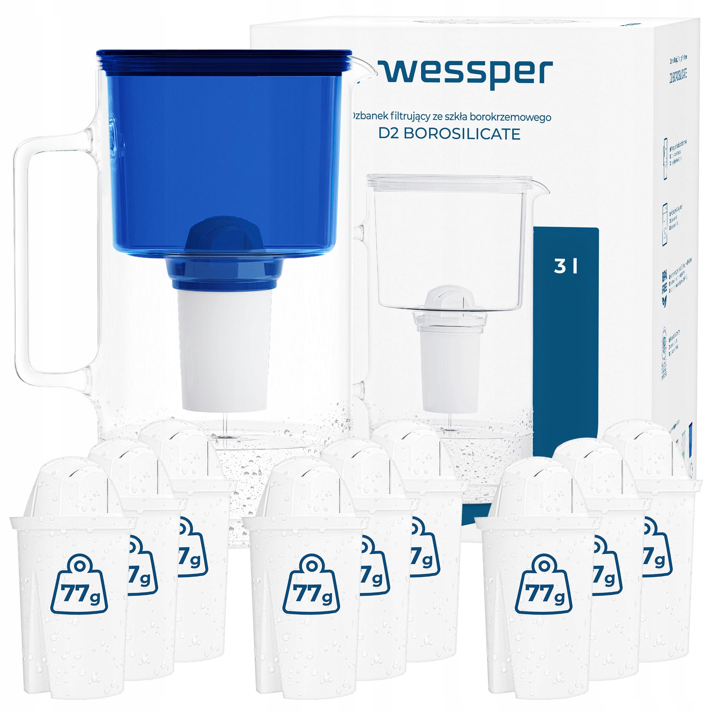 Dzbanek filtrujący Wessper D2 Borosilicate 3l niebieski 10x filtr wody