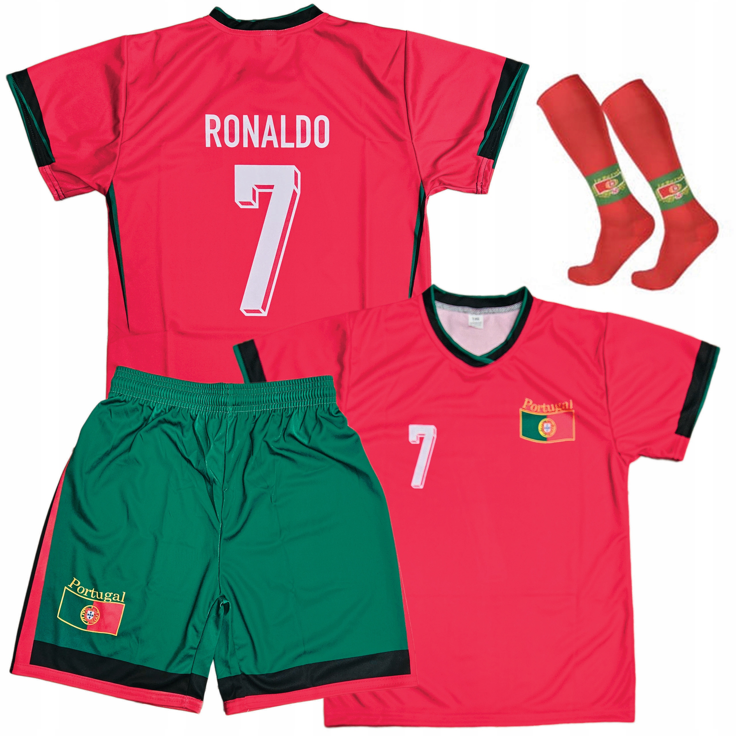 KOMPLET PIŁKARSKI RONALDO PORTUGALIA + GETRY 134 cm STRÓJ SPORTOWY