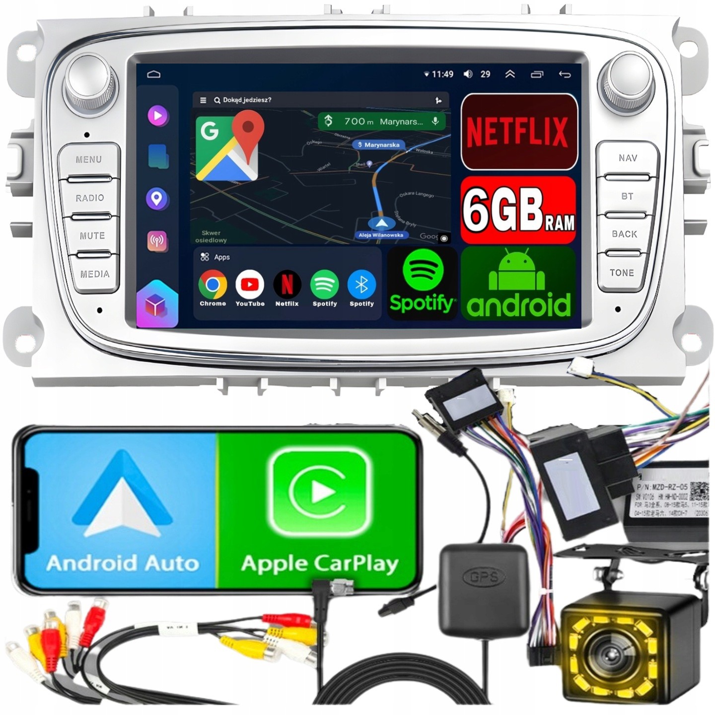 Autorádio Ford Mondeo MK4 Focus MK2 MK3 Galaxy CarPlay Android 6GB