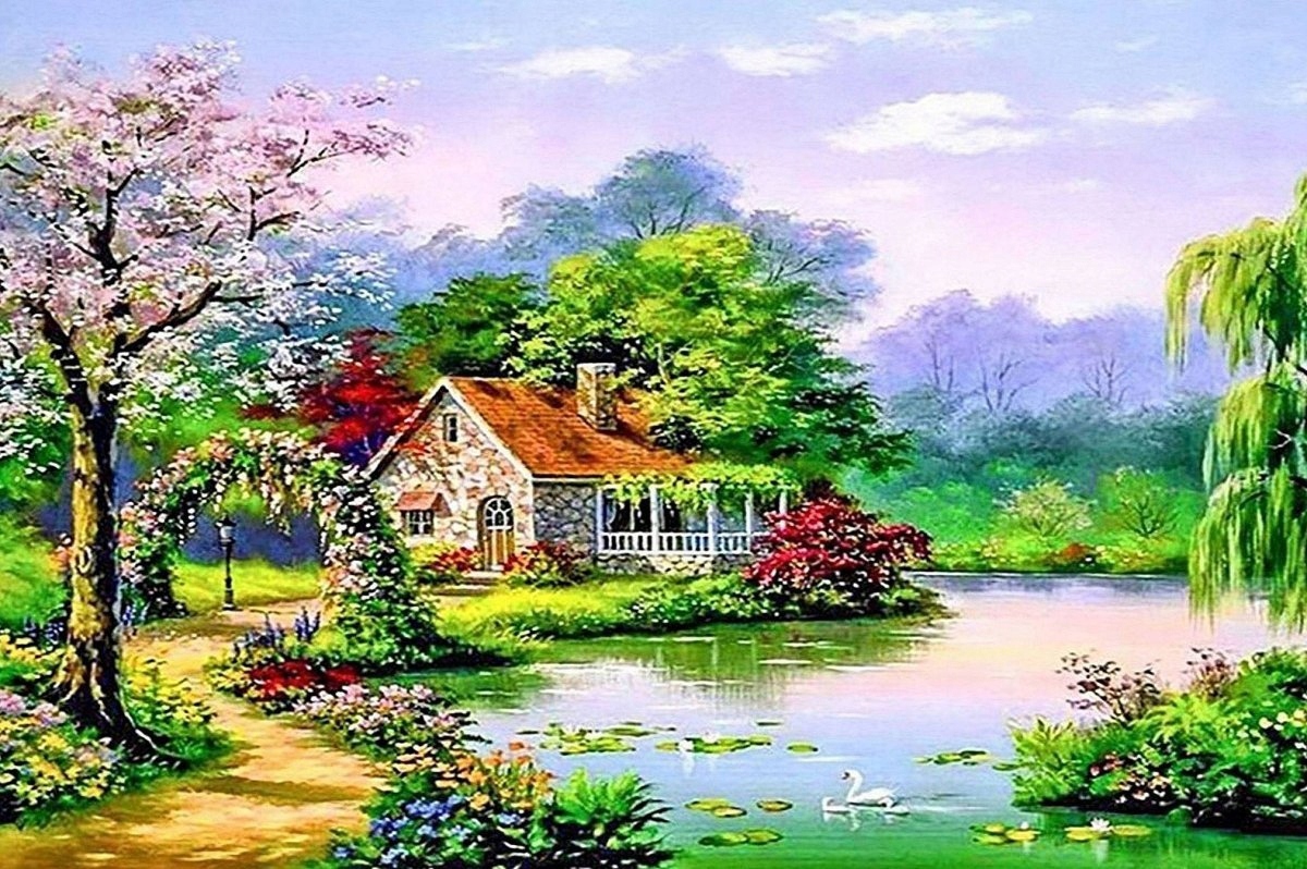 Diamantová Výšivka Diamond Painting Mozaika Letní domeček 55x75 cm 5D sada