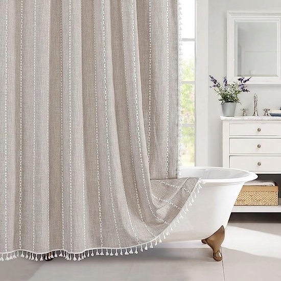 Závěs, umělý len, vyšívaná, béžová, textilní