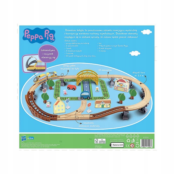 Drewniana kolejka z pojazdami Świnka Peppa 65 elementów Kod producenta 61898