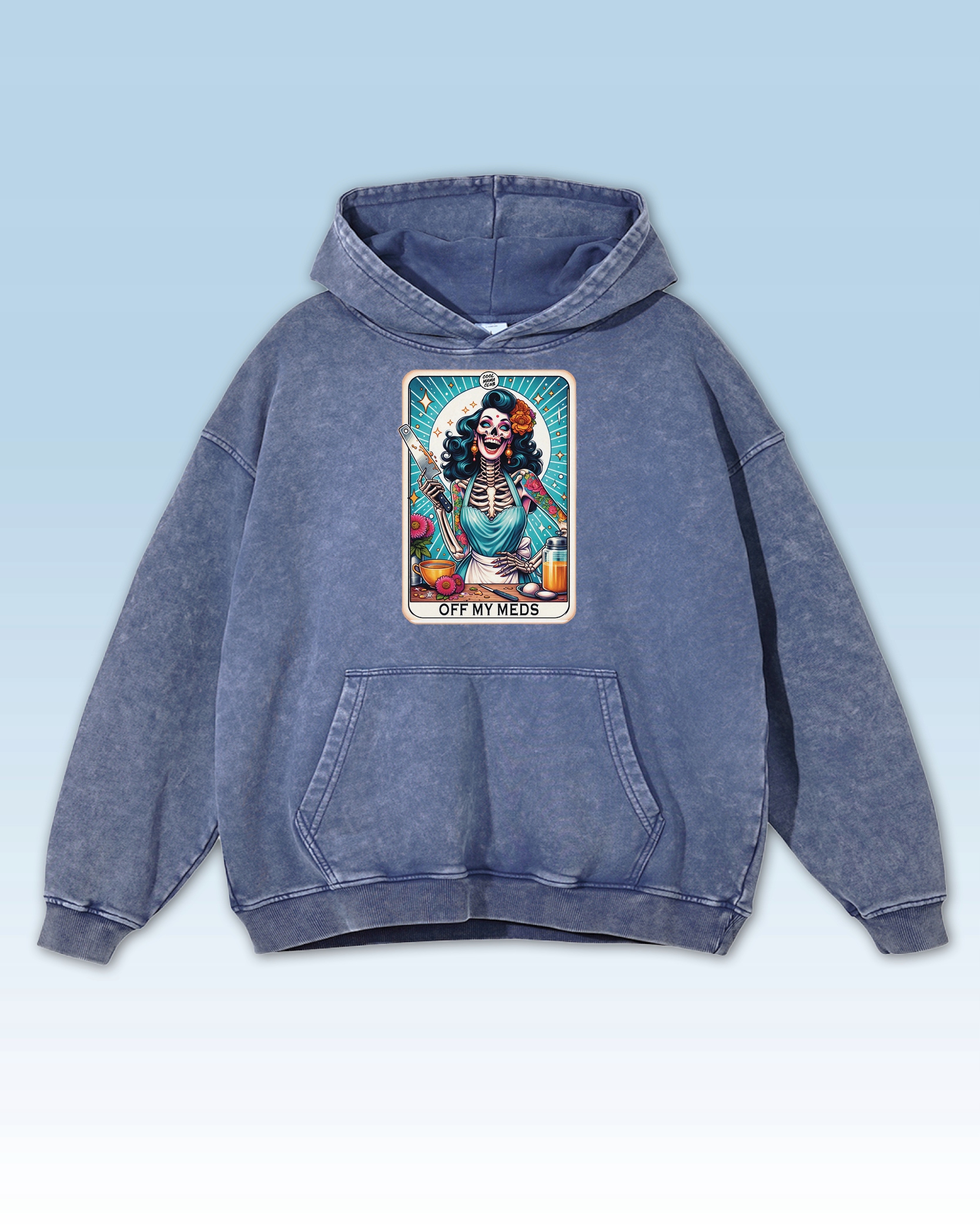 Mikina Off My Meds Temný humor, hrůzostrašný motiv bez léků, modrá S