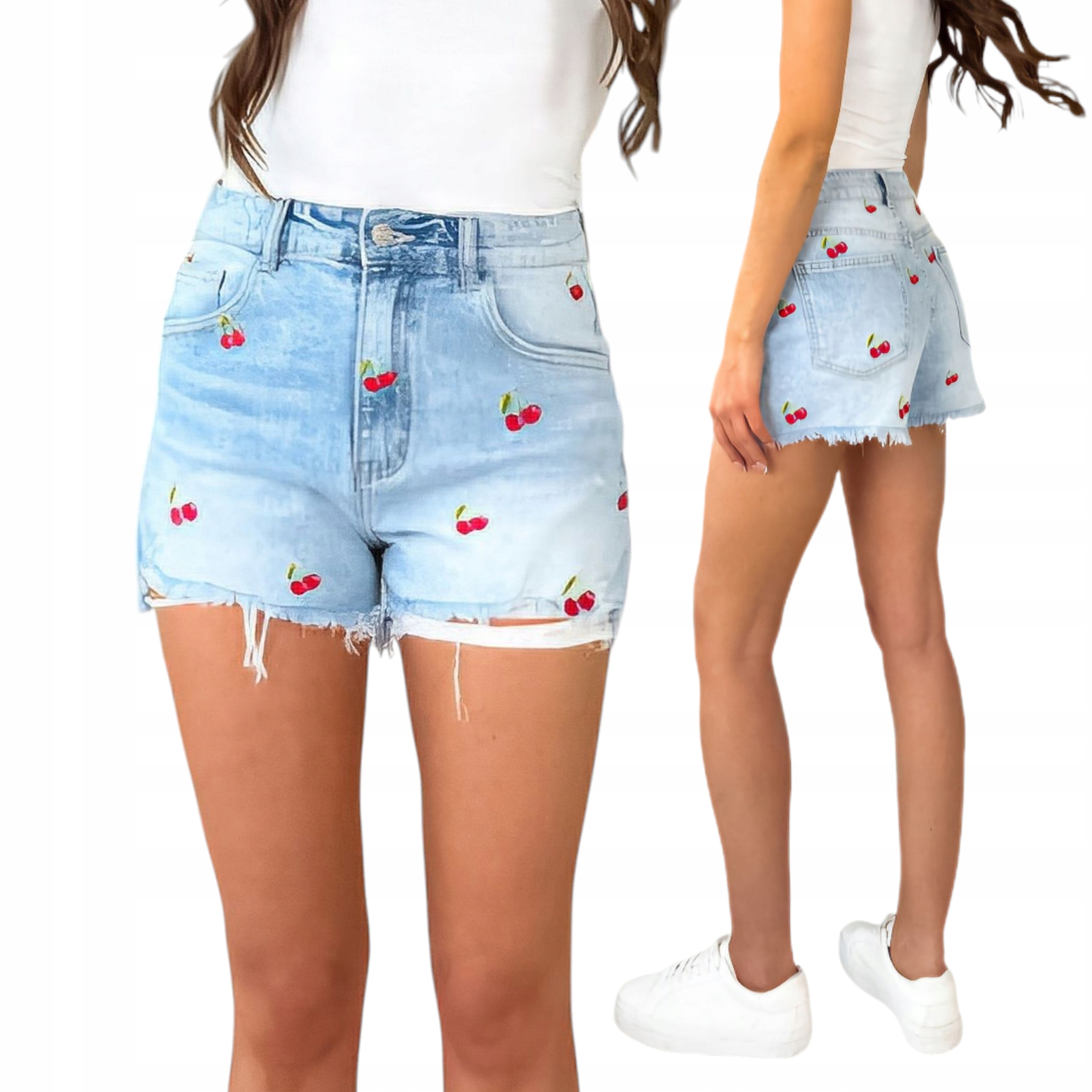 Kraťasy Cherry Módní Roztržení Šortky Jeans S 36 Modré