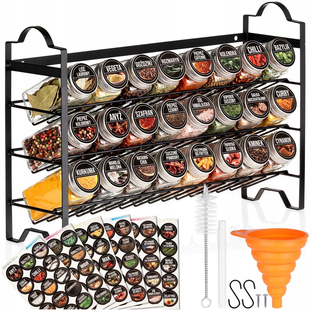 Sada Polička na koření Kuchyňský stojan Kontejnery Sklenice Sklenice Etiket