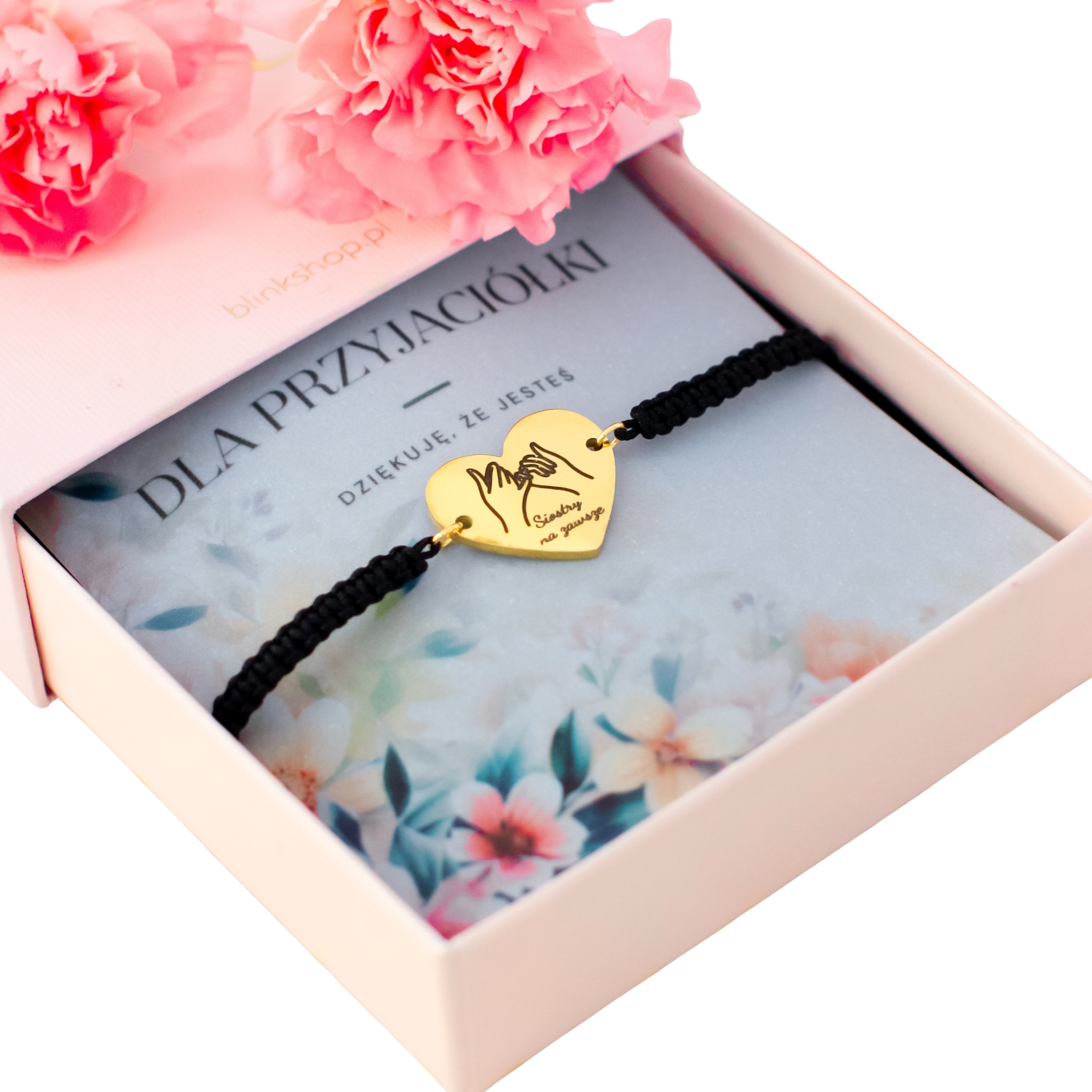 Bransoletka na przyjaciółek dłonie grawer siostry na zawsze na sznurku stal