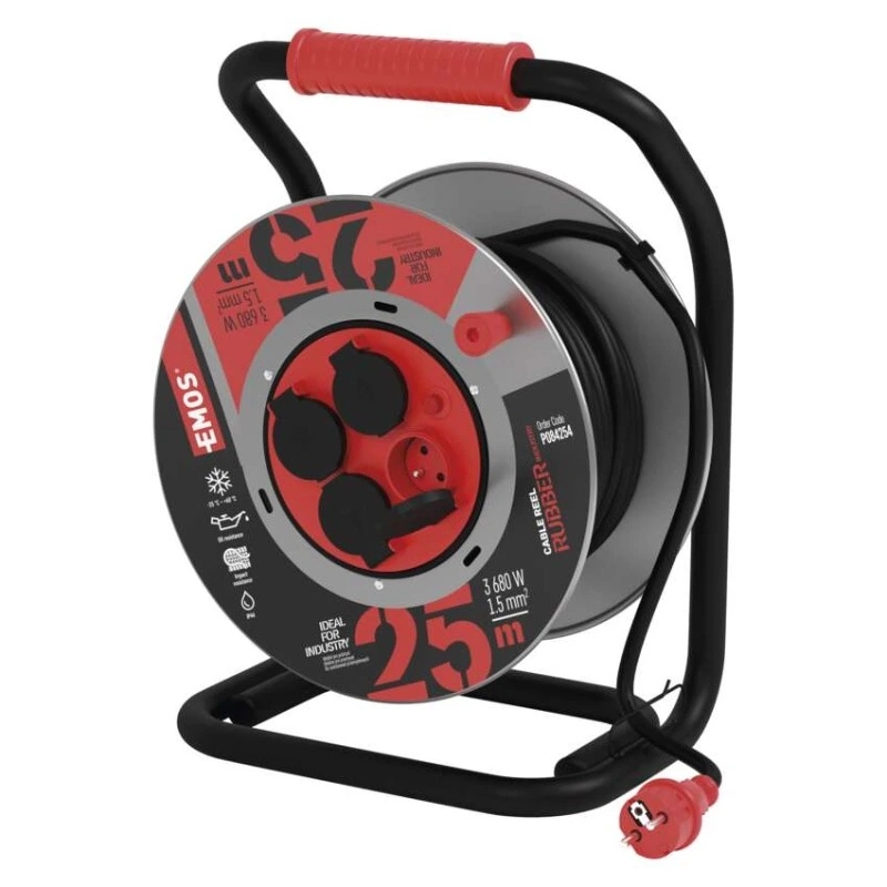 Vonkajší predlžovací kábel na bubne 25 m 4 zás. čierny guma-neoprén