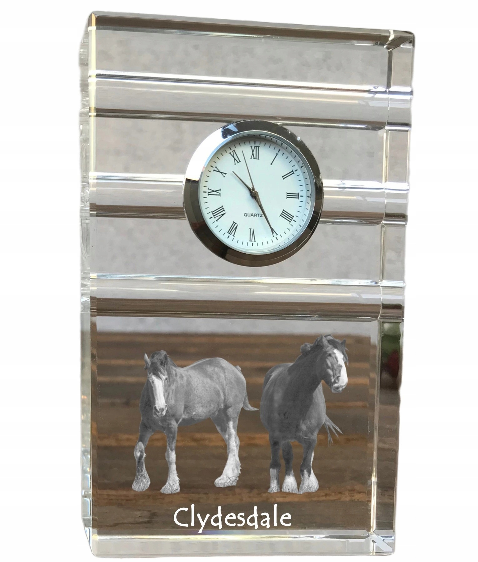 Kôň Clydesdale krištáľové stolové hodinky s vašou fotografiou, suvenír