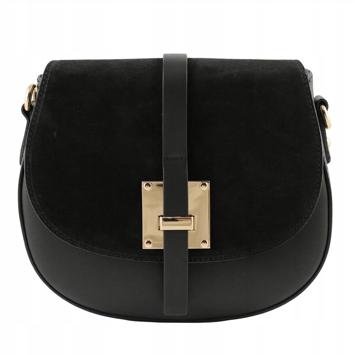 Czarna skórzana torebka damska listonoszka z zamszowa klapką