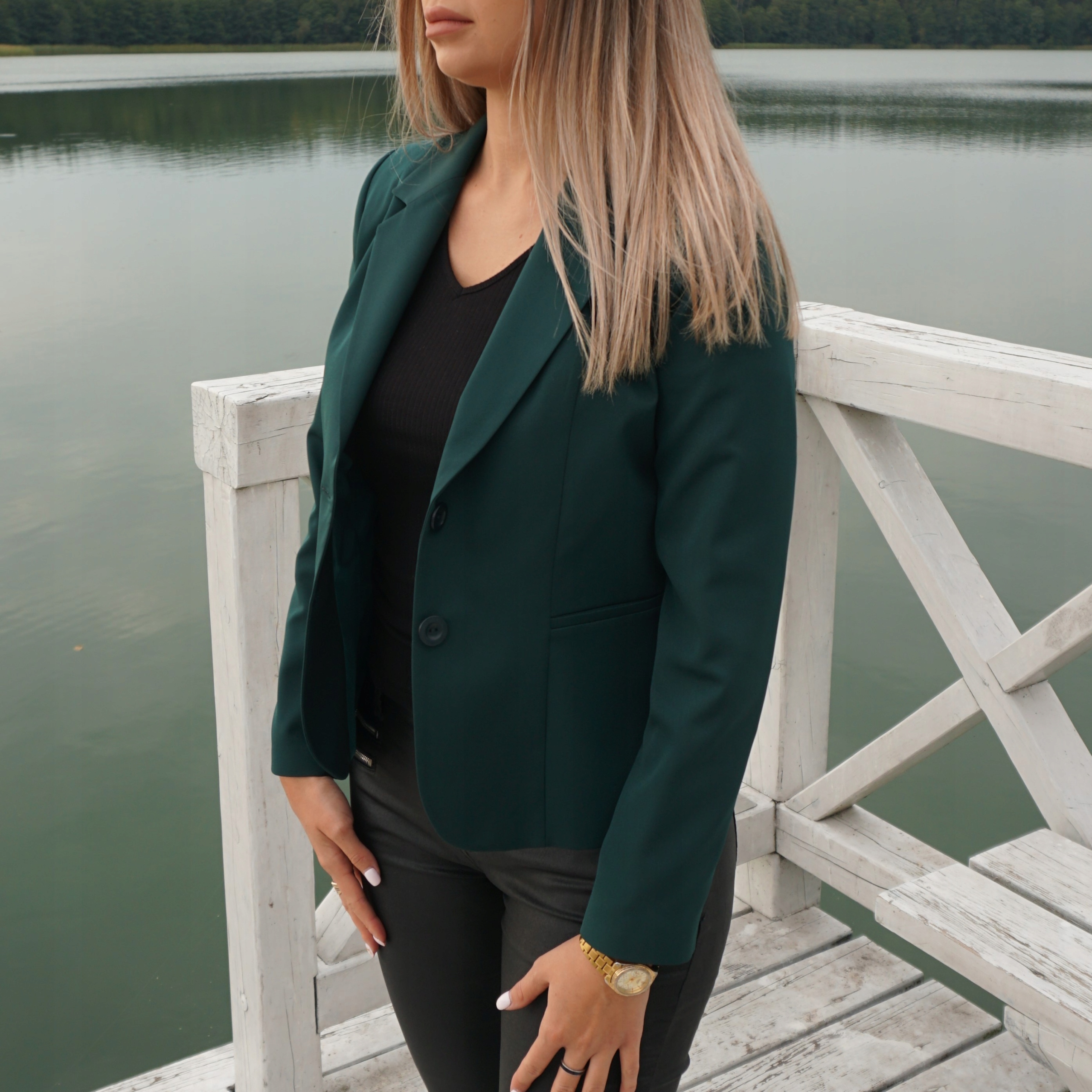 Żakiet damski klasyczny z klapami zielony roz.46 Cechy dodatkowe jednorzędowy klapy z podszewką