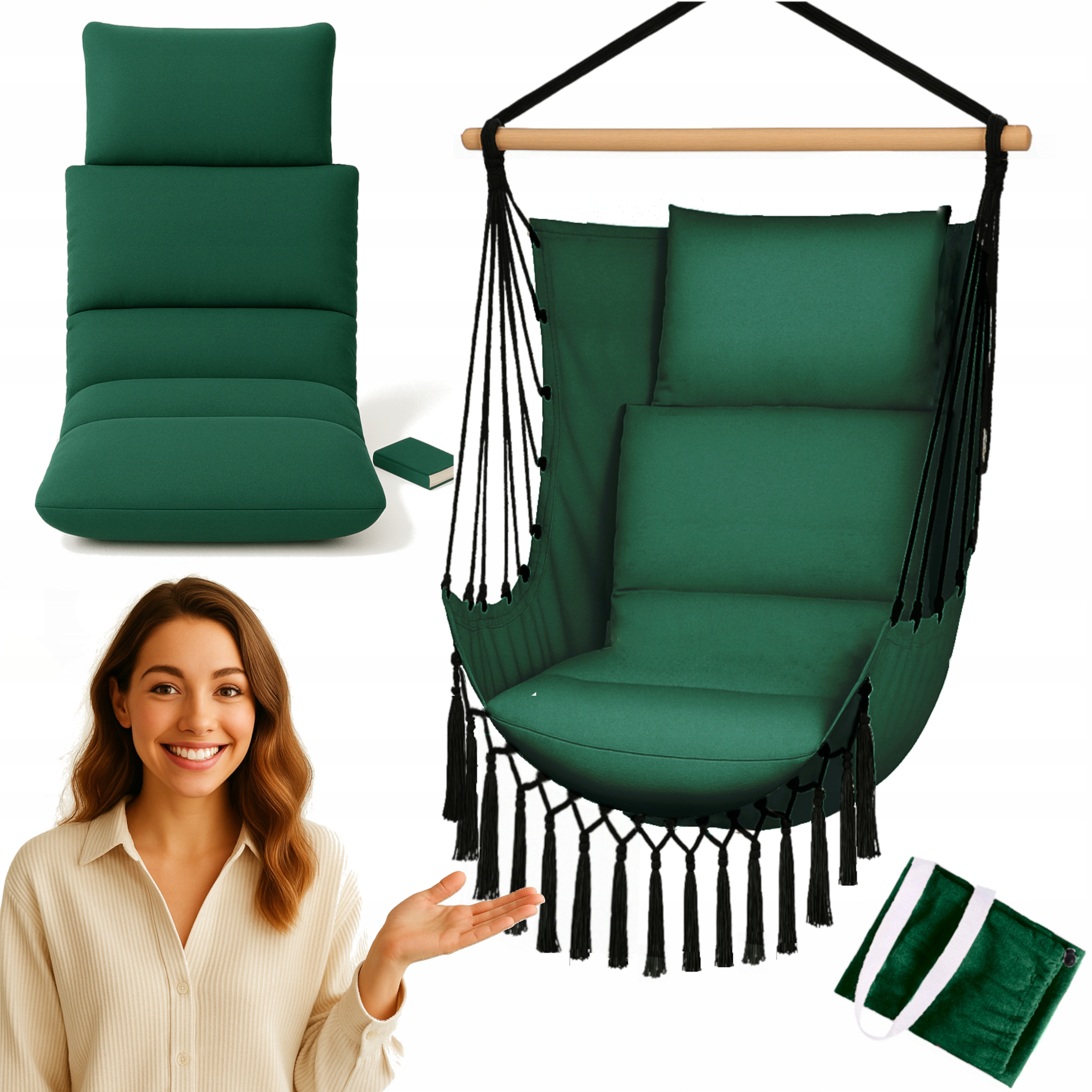 Fotel Wiszący Ogrodowy Brazylijski Huśtawka Hamak Maxi Duża Poduszka Boho
