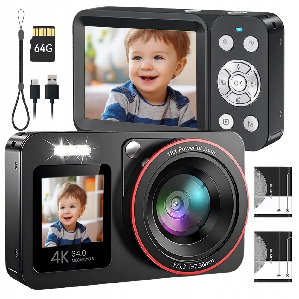 Digitální Fotoaparát Hd 4K 64MP 18X Zoom 64GB Kartou S Funkcí Nahrávání