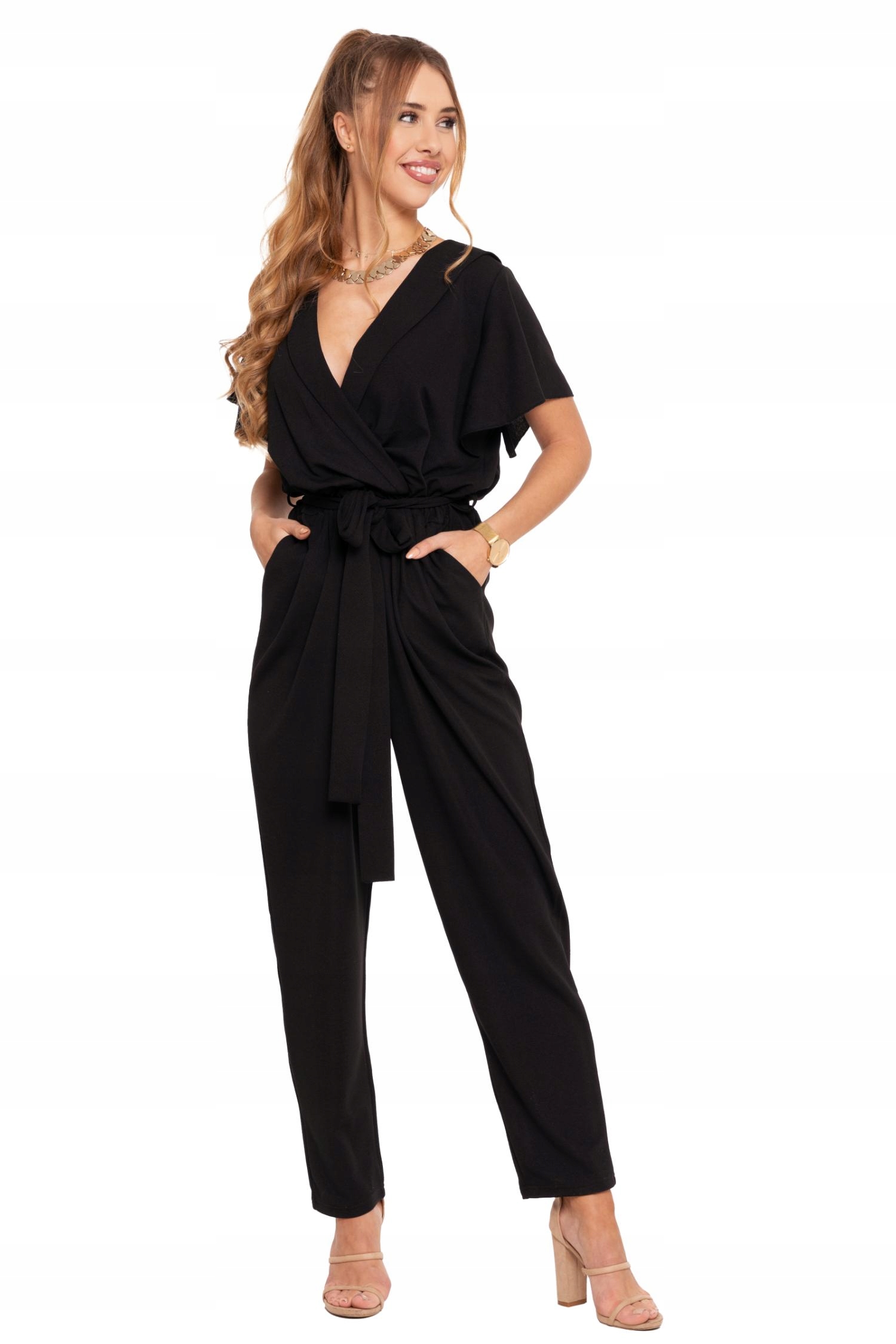 Elegancki KOMBINEZON DAMSKI Czarny Motylkowe Rękawy Gładki Wiązany MORAJ L Marka Moraj