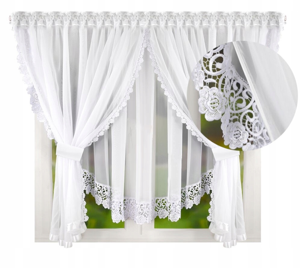 Firanka Gotowa Z Gipiura w Kwiatki Firany Gotowe Woal Biała na Taśmie