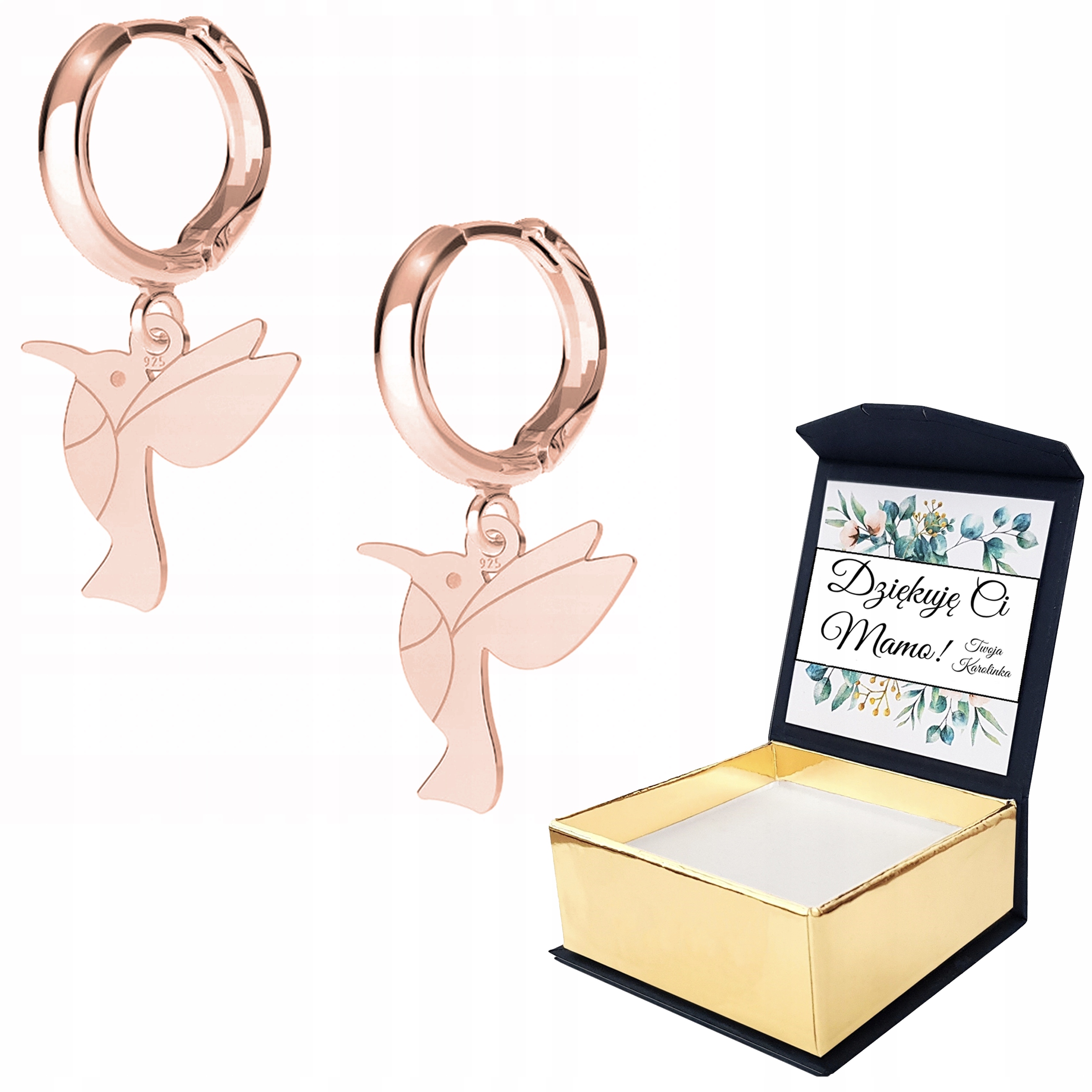 Náušnice růžové zlato Pták Kolibřík Vlastní Potisk