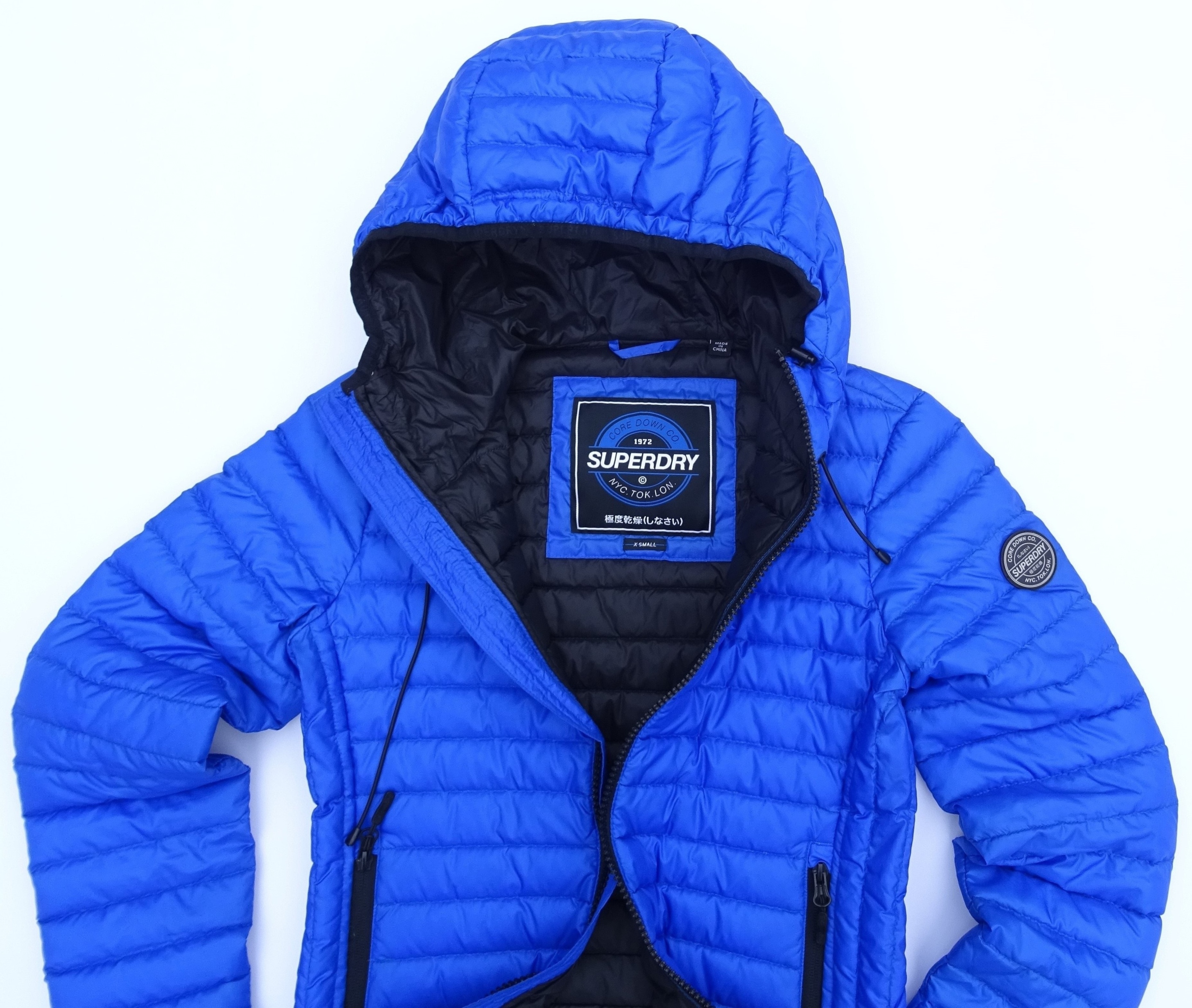 SUPERDRY kurtka puchowa 90% PUCH kaczy lekka KAPTUR XS/S Kolor niebieski