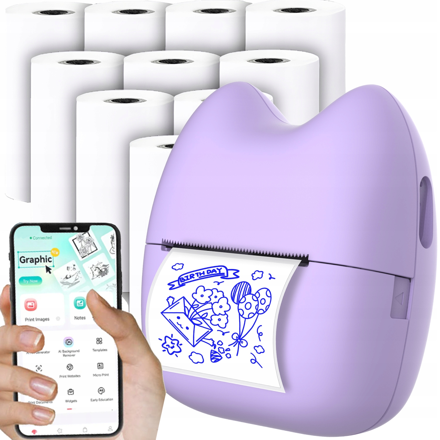 Mini termální tiskárna Kotek Fotuś A02 pro děti Bt 13 rolí štítků