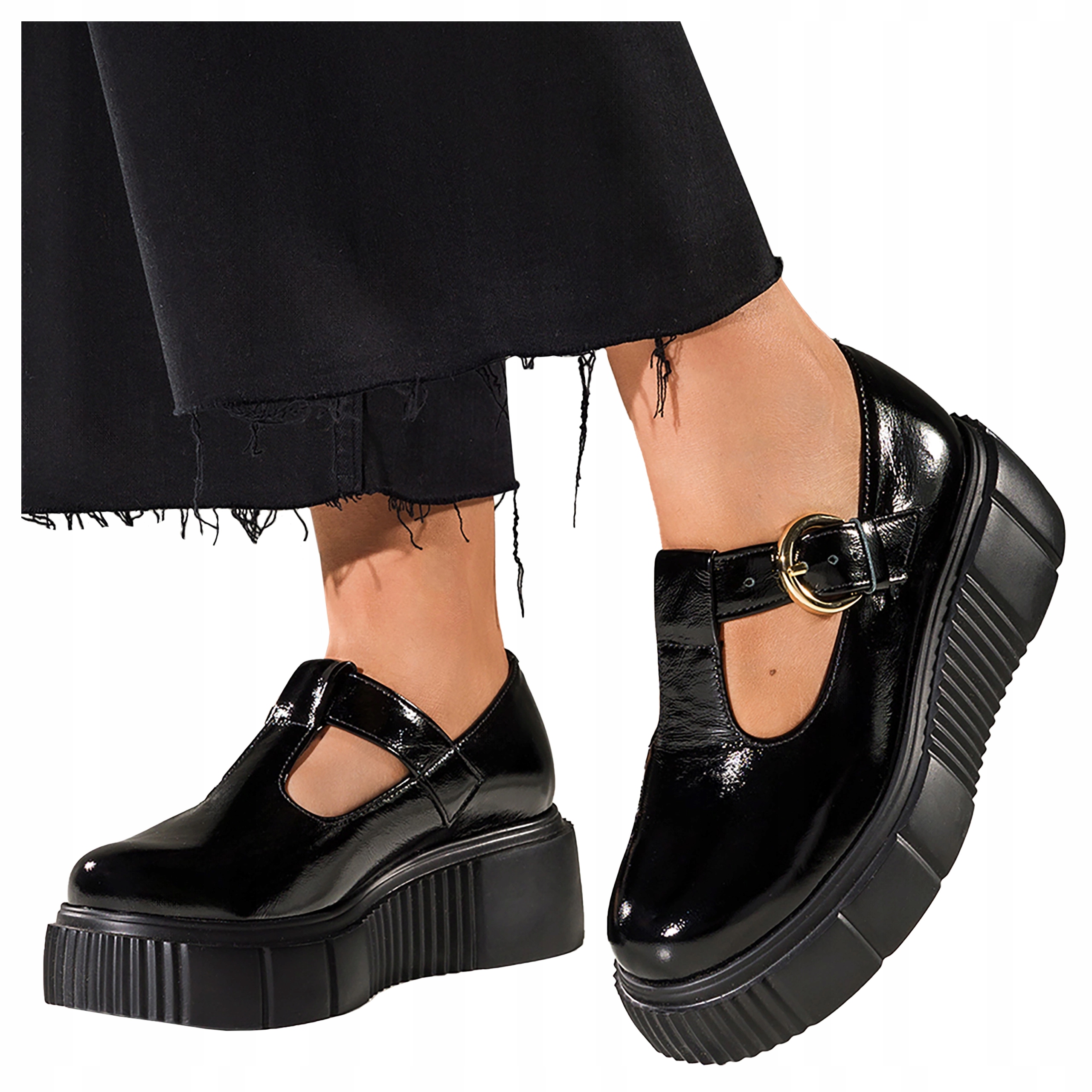 Černé lakované kožené Polobotky na platformě, Polský Výrobek, velikost 37