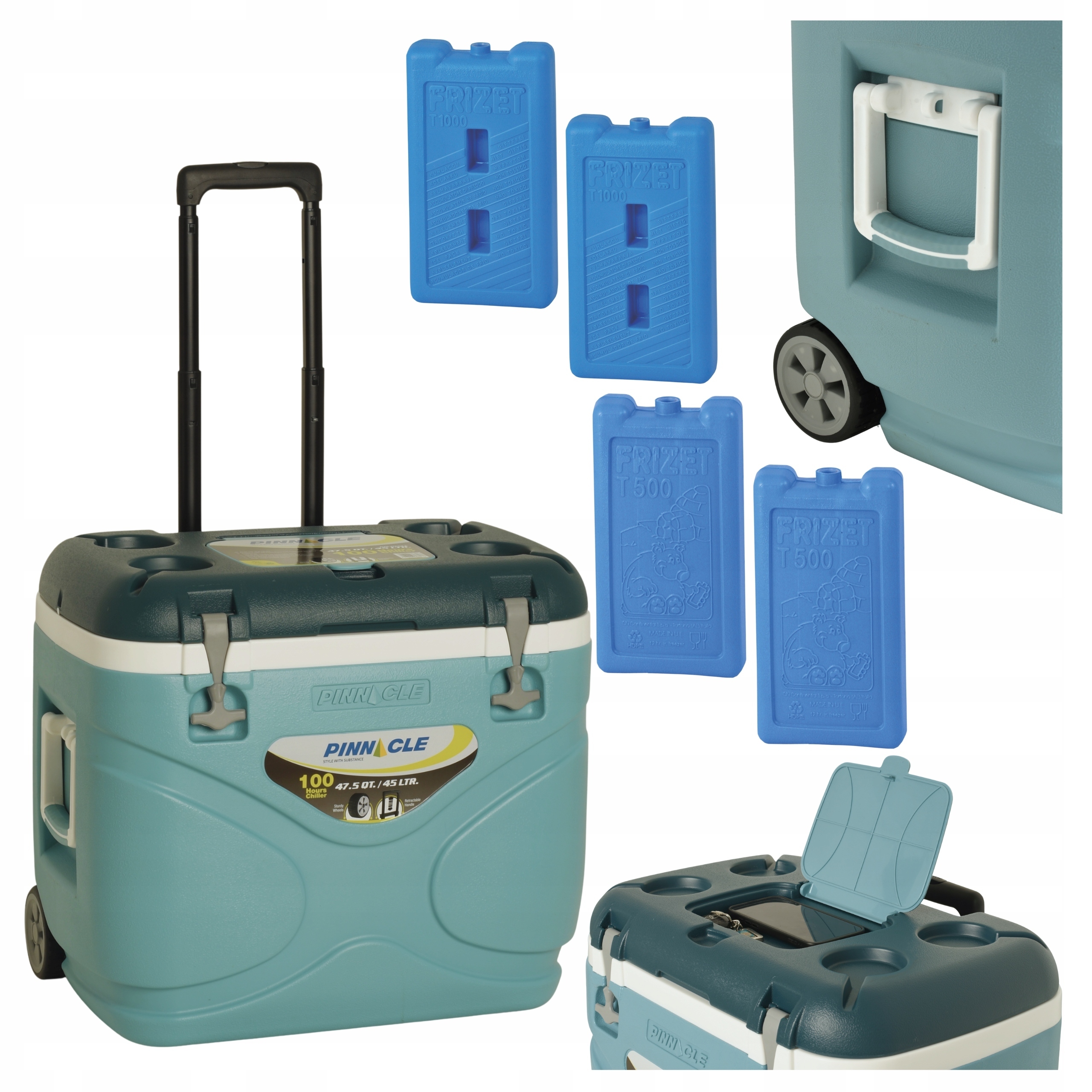 Pinnacle Turistická lednička velká 45 l na kolečkách, světle modrá, 4 chladicí vložky