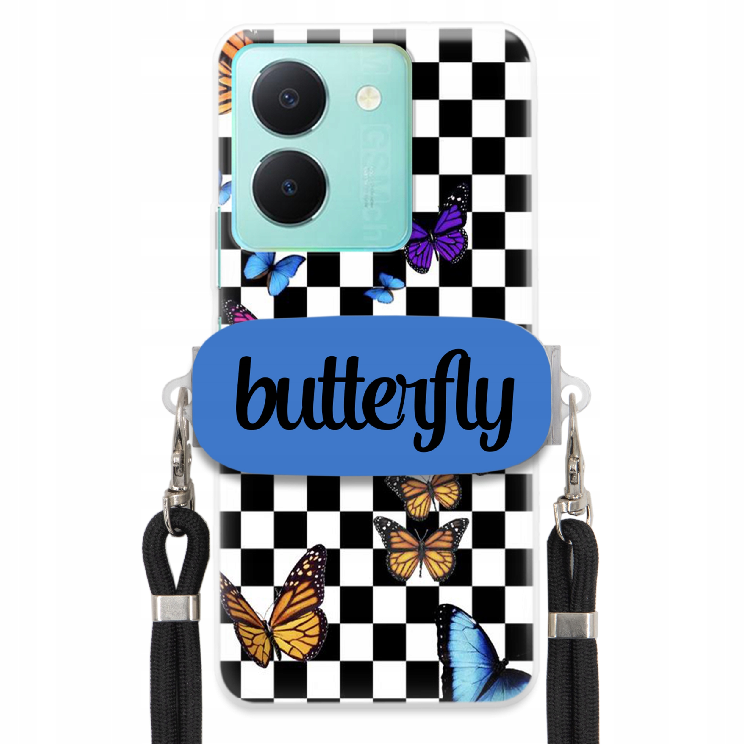 pouzdro na Vivo Y78 Case Obdélníkový Úchyt Vodítko Butterfly Motýli Šachovnice