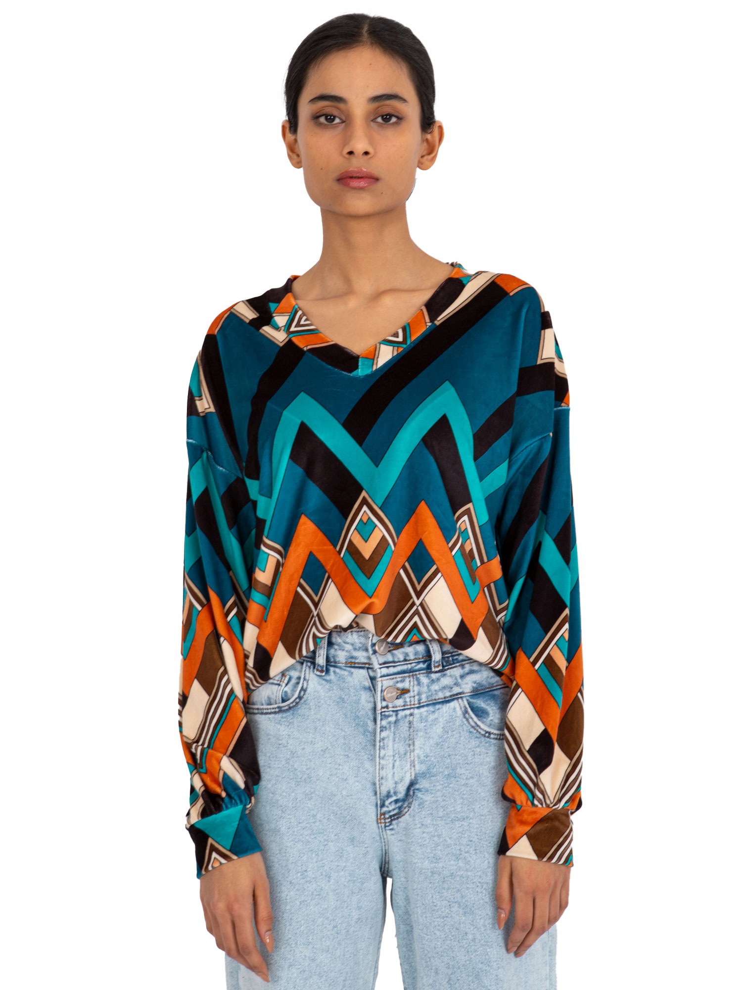 

Welurowa Bluzka Damska z printami dekolt w serek