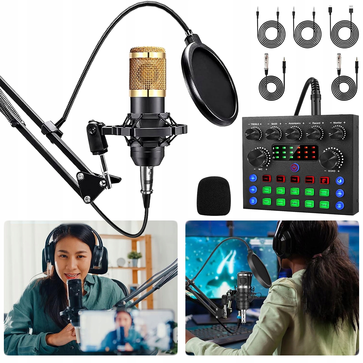 Sada Pro Podcasty Mikrofon Zvuková Karta Mixážní Pult Stativ Sada