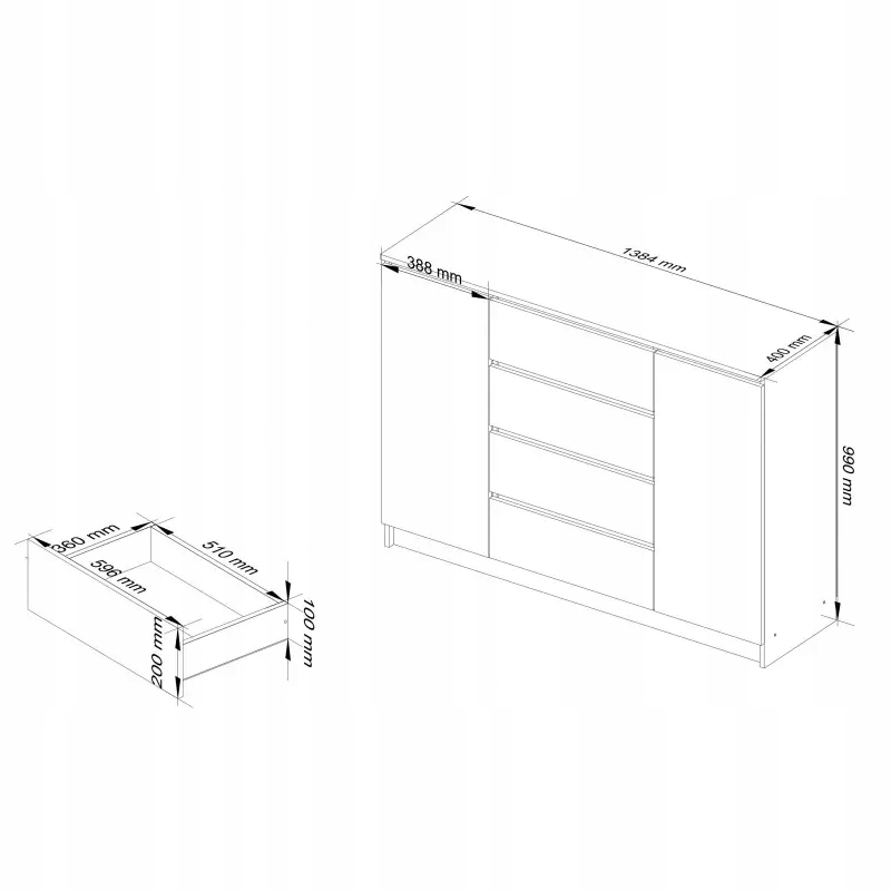 Komoda salon 140 artisan szary 4 szuflady 2 drzwi Szerokość mebla 140 cm