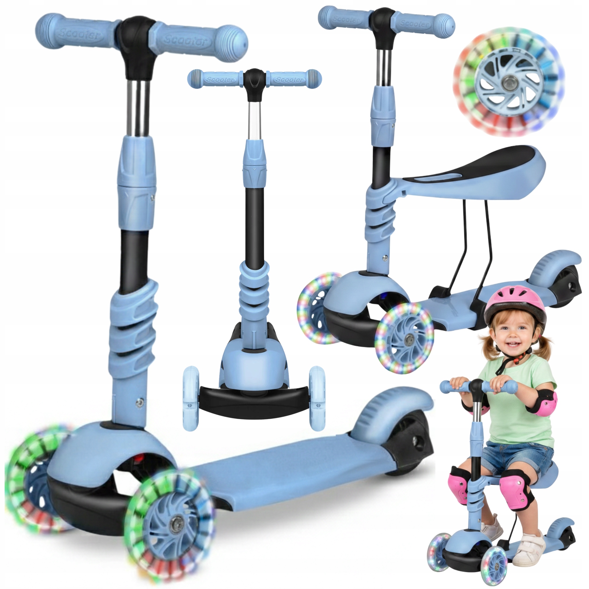 Hulajnoga 3w1 Dla Dzieci Led Jeździk Siedzisko Trójkołowa Balansowa