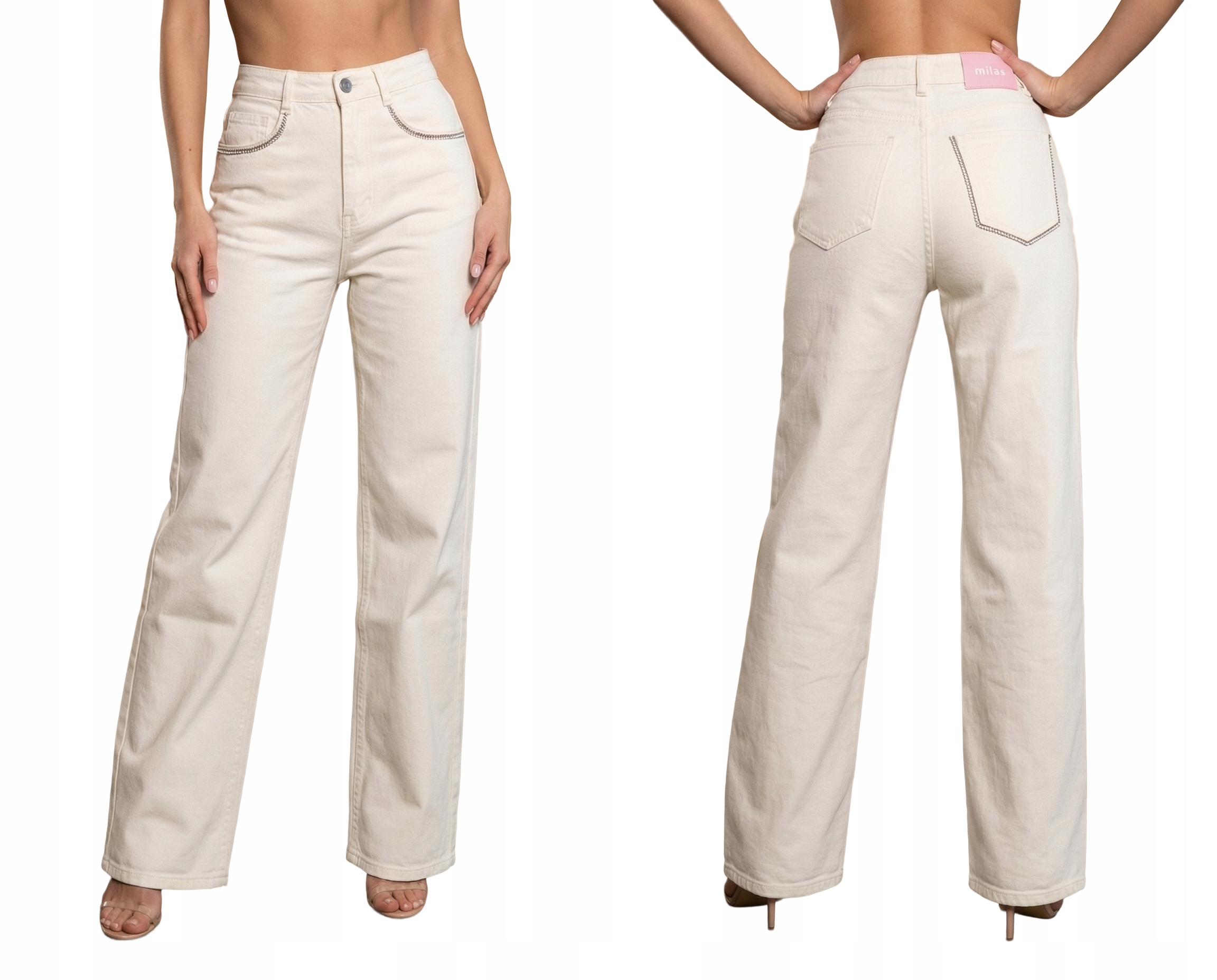 Spodnie Jeansy Damskie Szerokie Dzwony Wide Leg Elastyczne Beżowe L