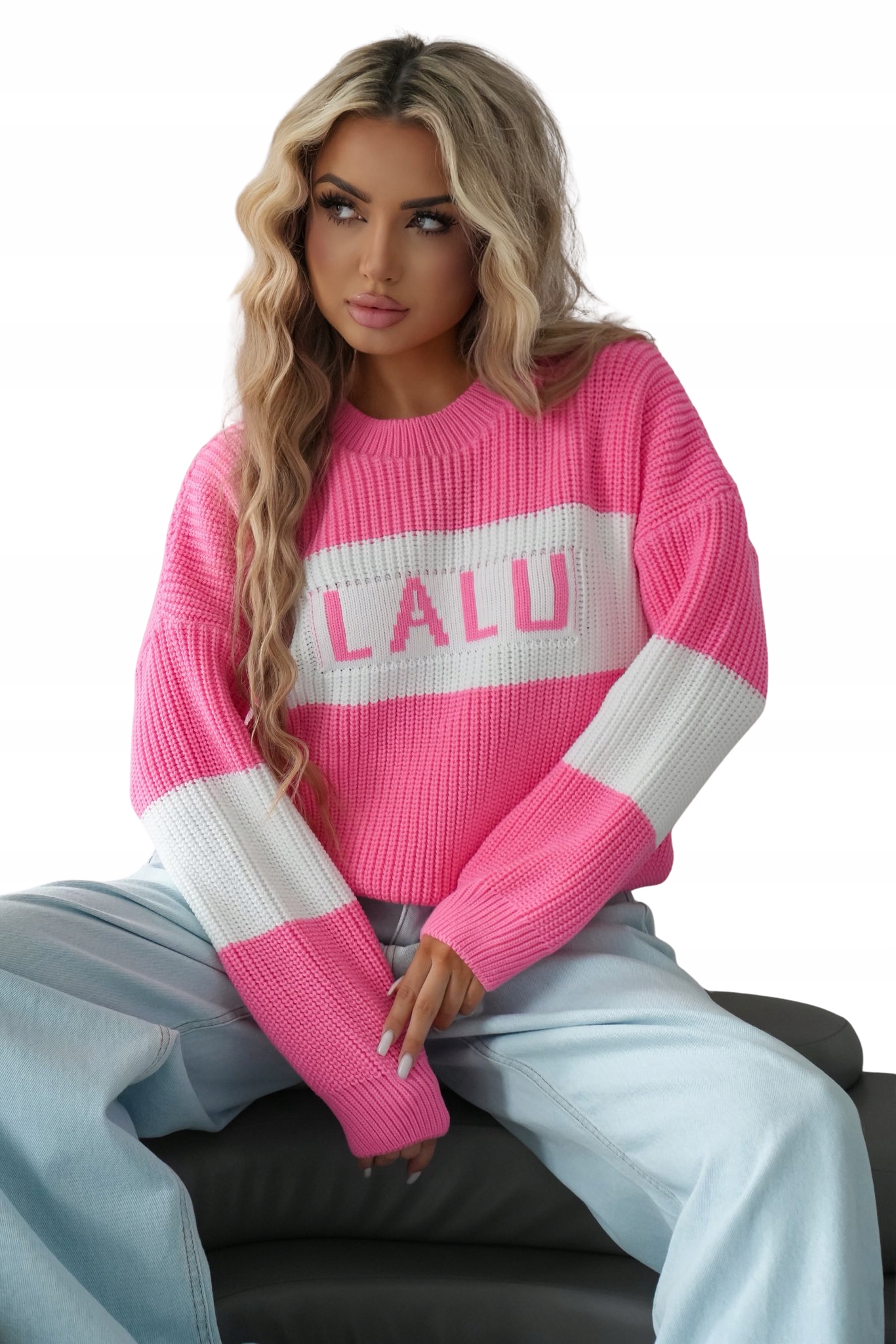 Dámský tlustý masitý svetr LaLu s velkým logem, růžovo-bílý