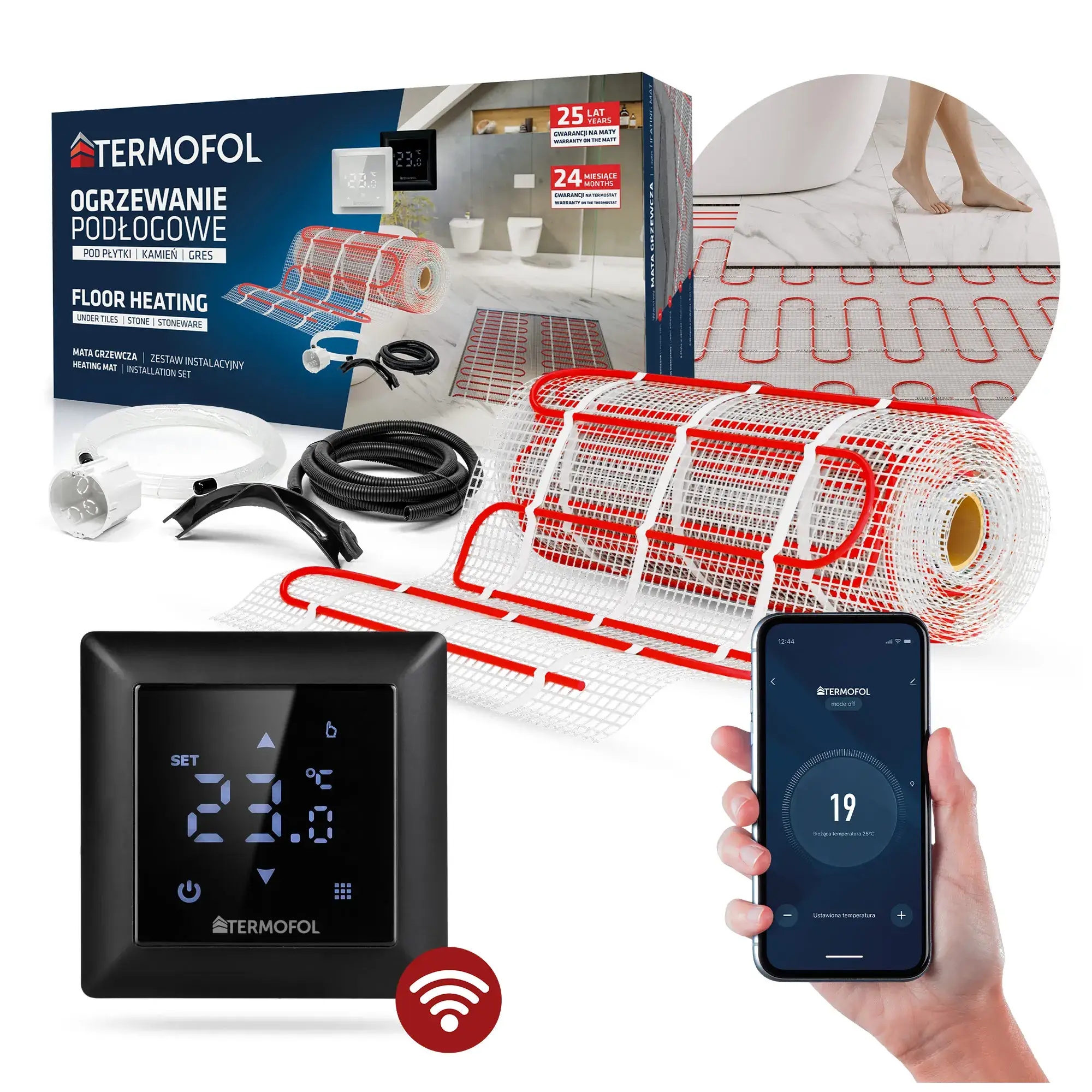 Vyhrievacia Podložka pod dlaždice Sada 12m2 Termostat TFH6 Wifi Black