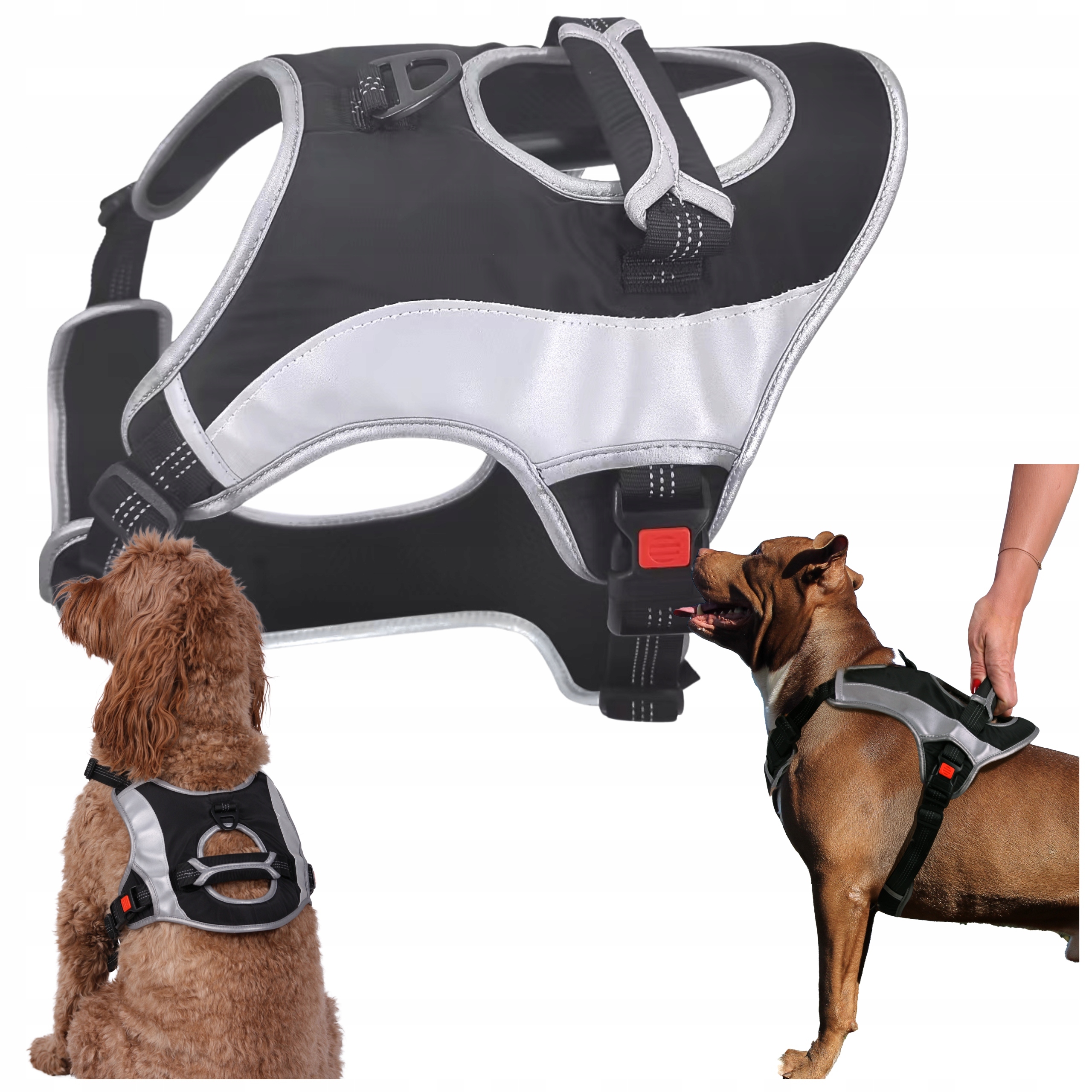 Levně Postroj pro psa nastavitelný, silný, reflexní, M, beztlakový, s úchytem typu guard