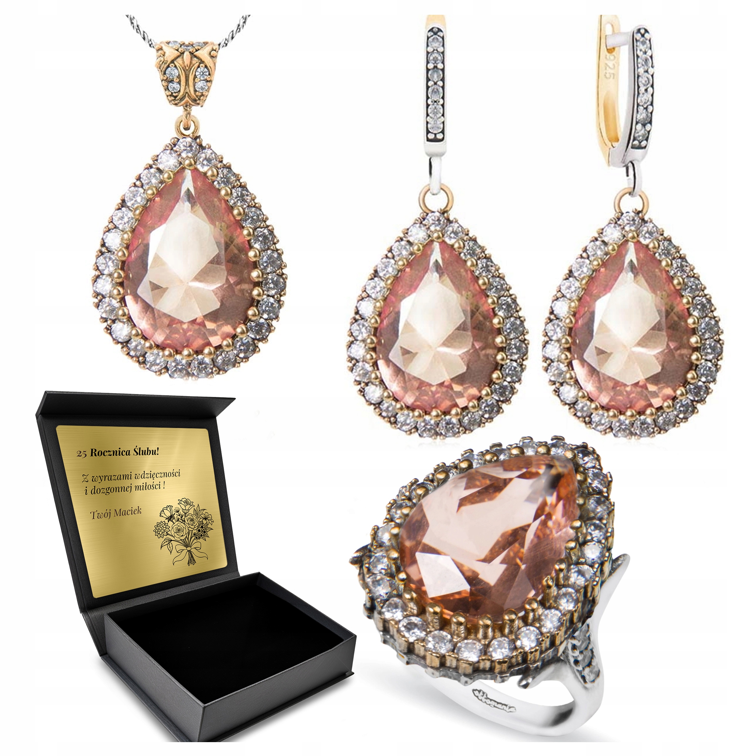 Sada Stříbrných Šperků 925 S Morganitovými Zirkony Pro Ženu Gravírování