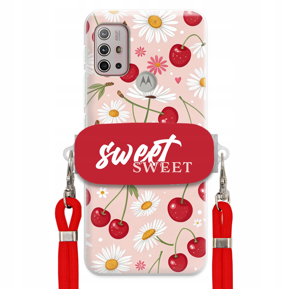 Puzdro pre Motorola G10 Červené vodítko Crossbody držiak Sweet Kvet čerešne