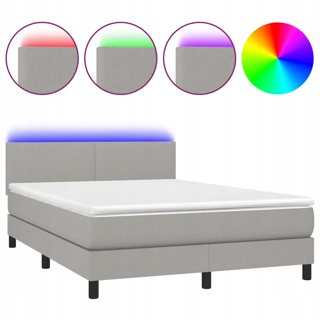 Kontinentální postel světle šedá s matrací 140 x 190 cm a Led diodami