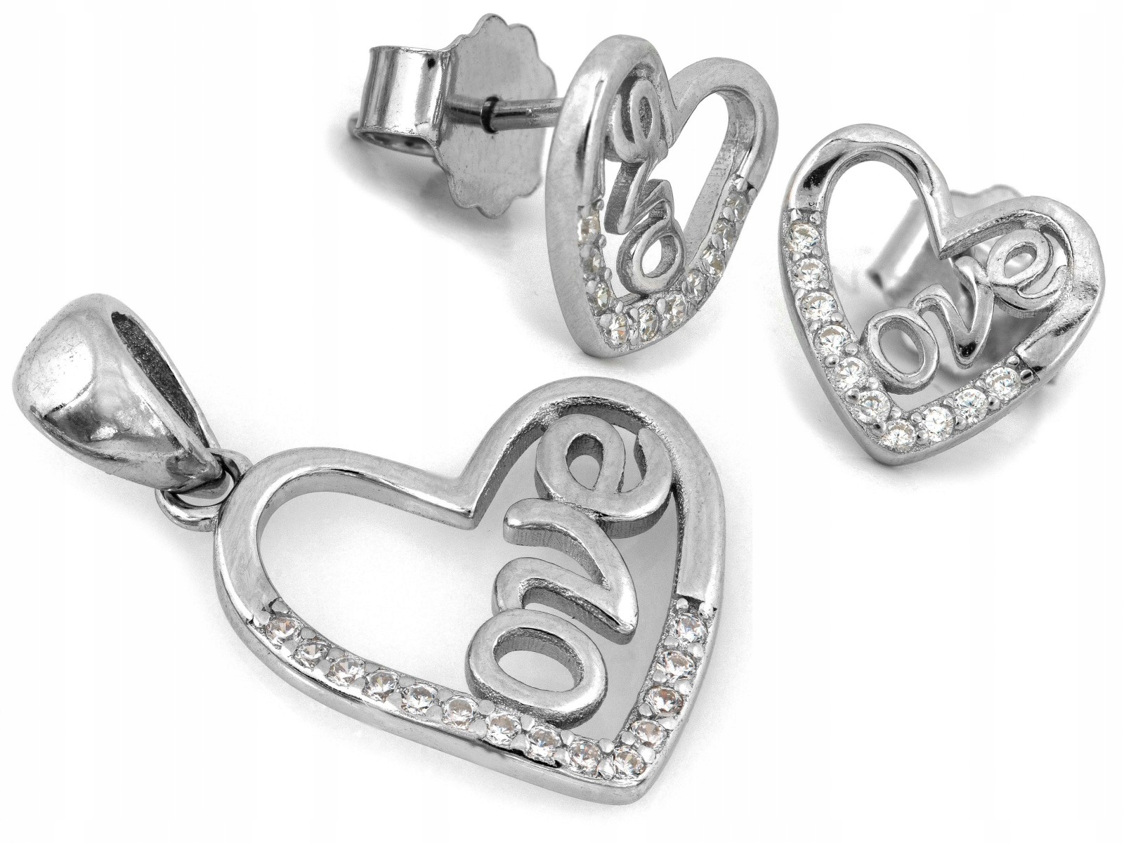 Sada stříbrných 925 náušnice a přívěsku srdce, váha 2.69 g, elegantní sada