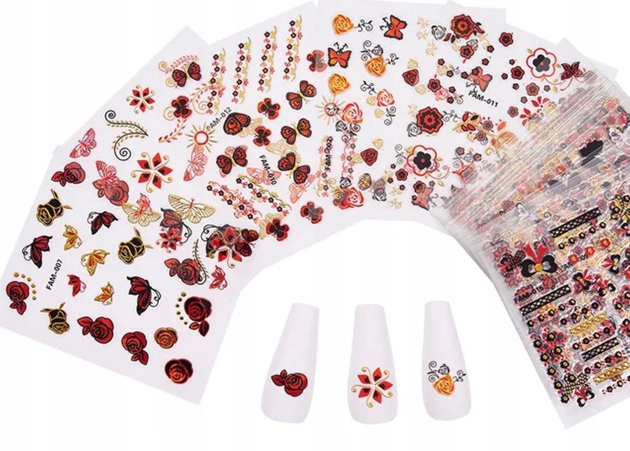 Naklejki Na Paznokcie Samoprzylepne 3D 10 sztuk czerwono-złote