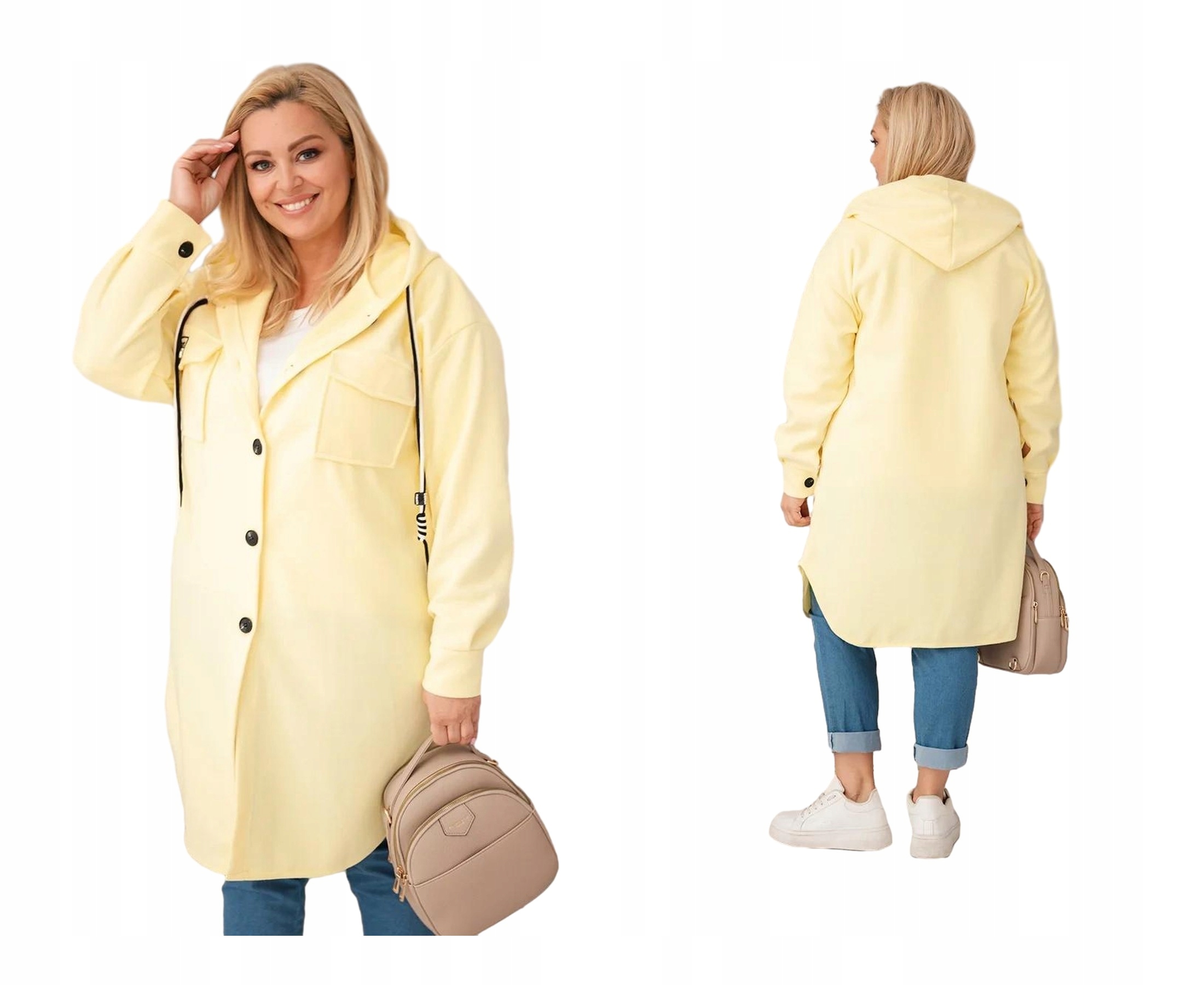 Žlutý dámský kabát Plus Size s kapucí a knoflíky
