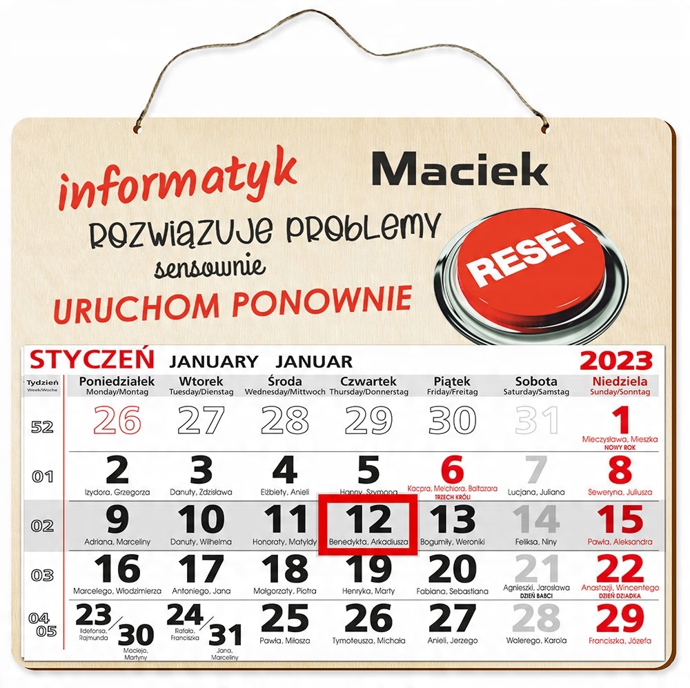 

Drewniany Kalendarz 2023 Informatyk