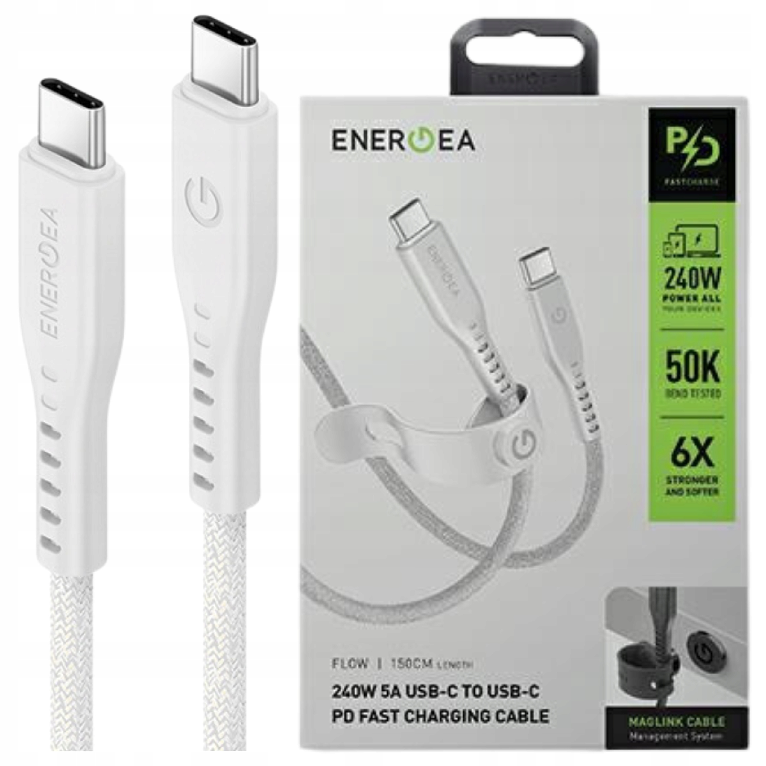 Energea kabel Flow Usb-c USB-C1.5 m bílý/bílý 240 W 5 A Pd Fast Charge