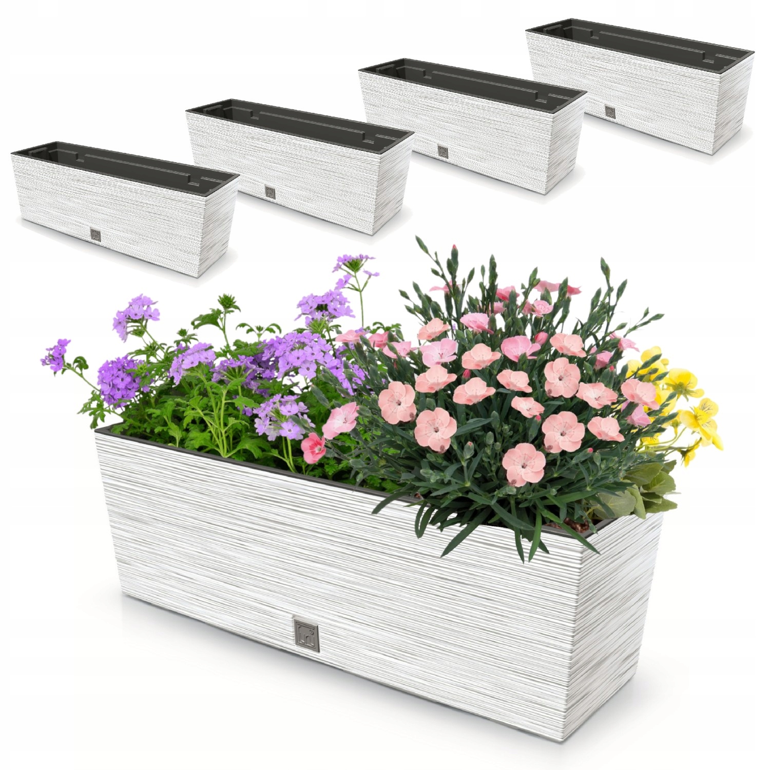 4x kvetináč 18L balkónová skrinka 58x19,5 cm biela priestranná vložka 12L