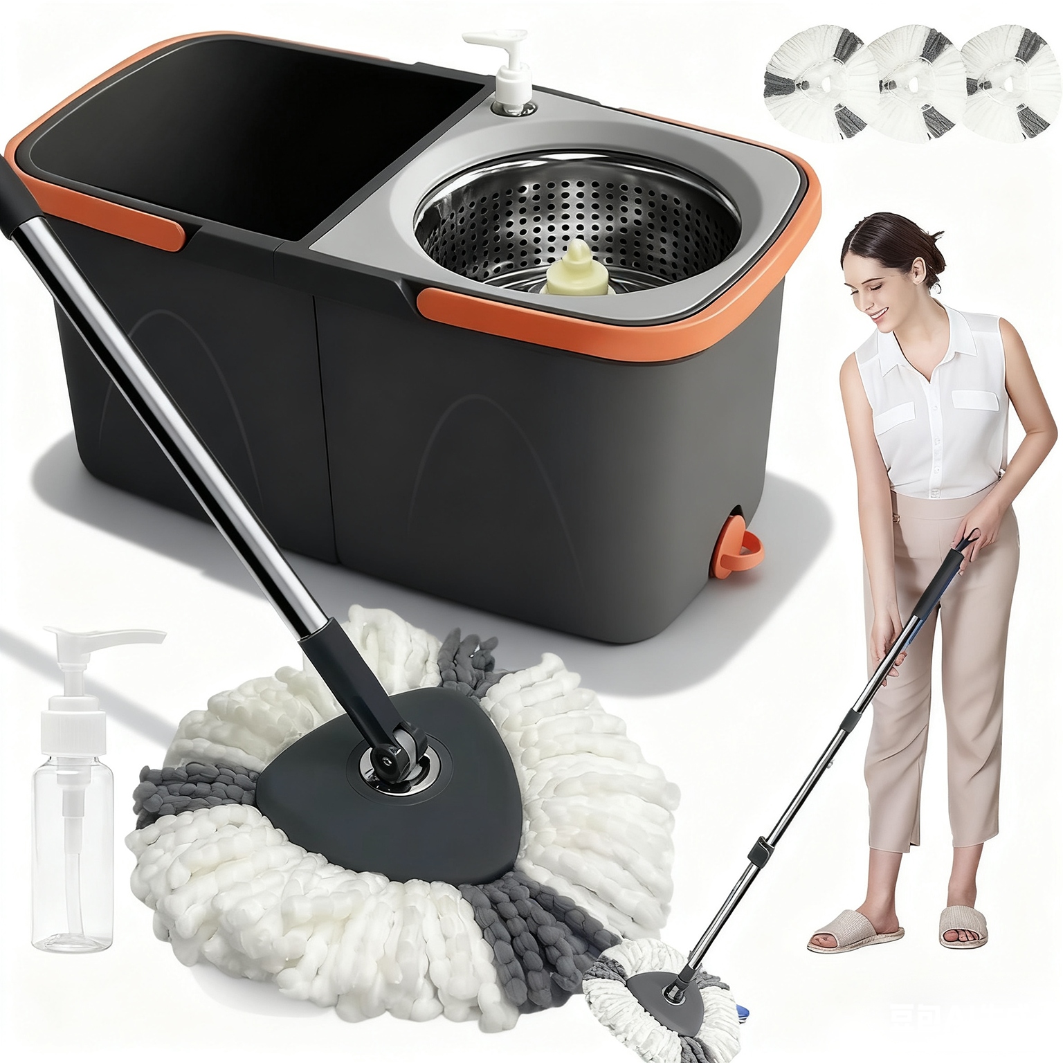 Levně 2V1 Mop S Kbelíkem, Dvoukomorový, Nastavitelná Výška Pro Různé Podlahy