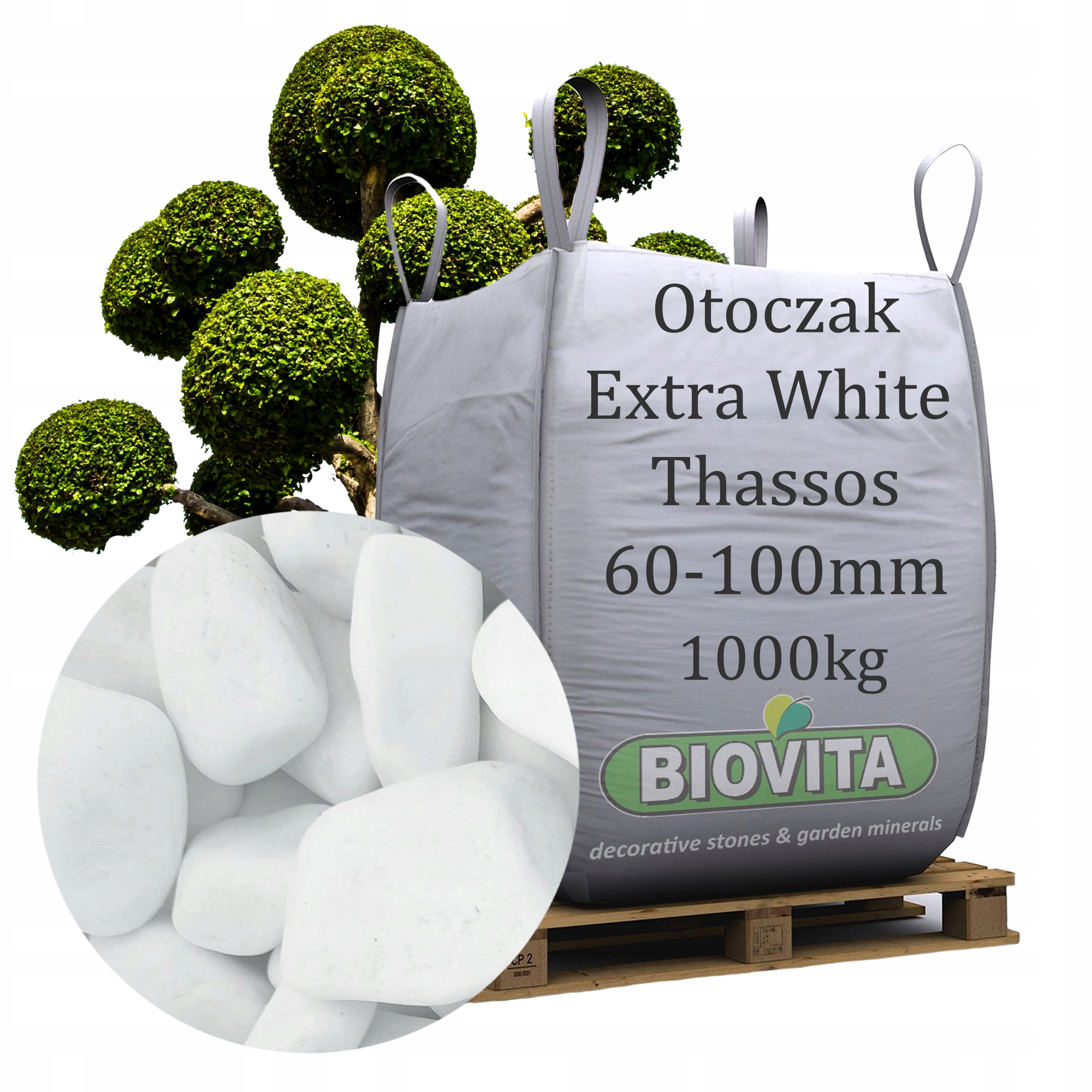 Kamień Ogrodowy Otoczak Extra White Thassos 60-100mm Tona big bag Biały