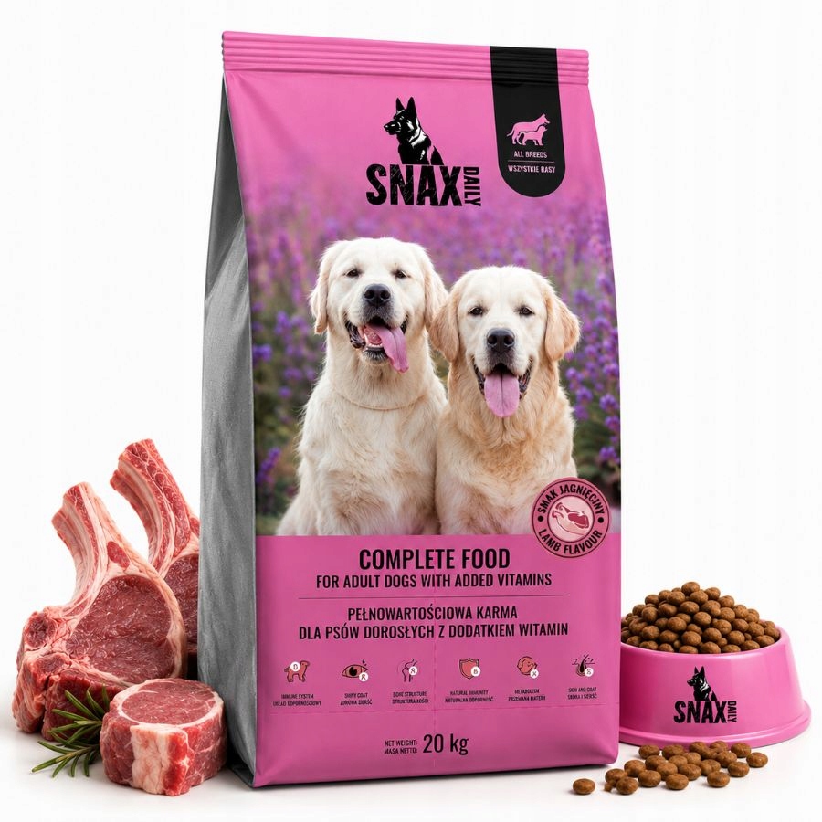Snax Daily Pełnoporcjowa Karma sucha dla psa Jagnięcina z Witaminami 20kg