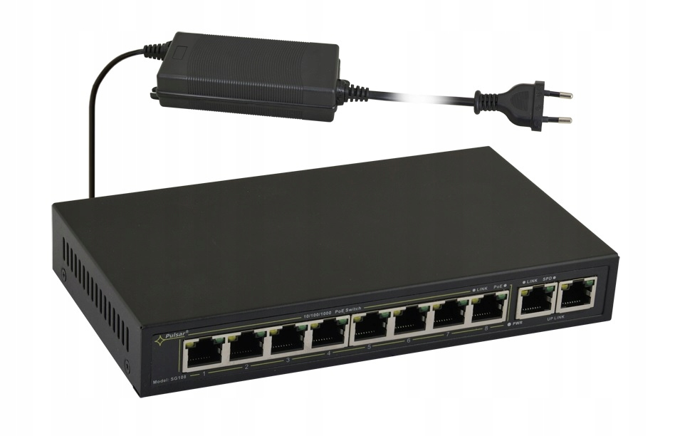 10-portový prepínač Pulsar SG108-90W pre 8 Ip kamier, štandard 2 x 1 Gb/s