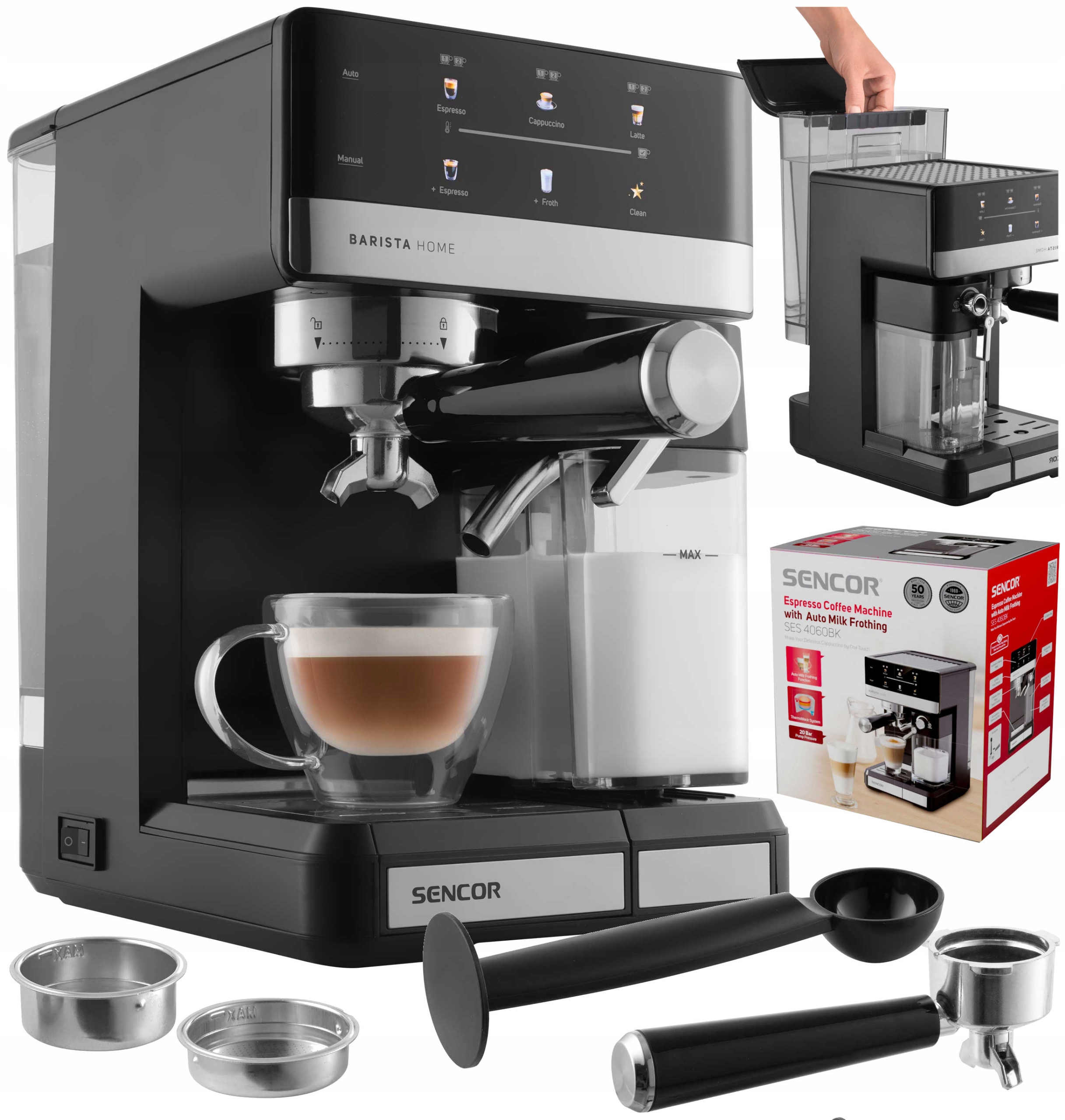 Ekspres Do Kawy Ciśnieniowy Kolbowy Sencor 1350W Spieniacz Dotykowy Panel