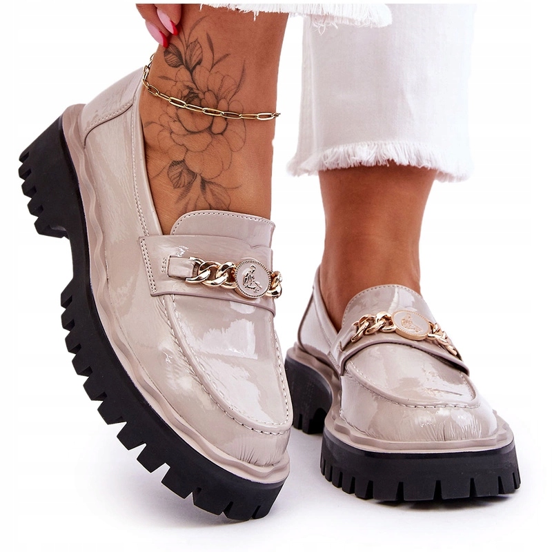 Lakované Kožené Mokasíny Platforma Šedé 37
