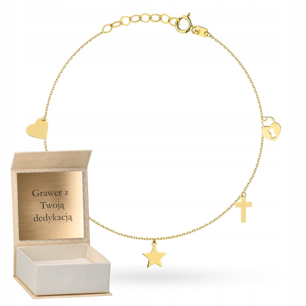 Zlatý náramek Křížek Hvězda Měsíc Srdce a visací zámek Zlato 585 Gravírování