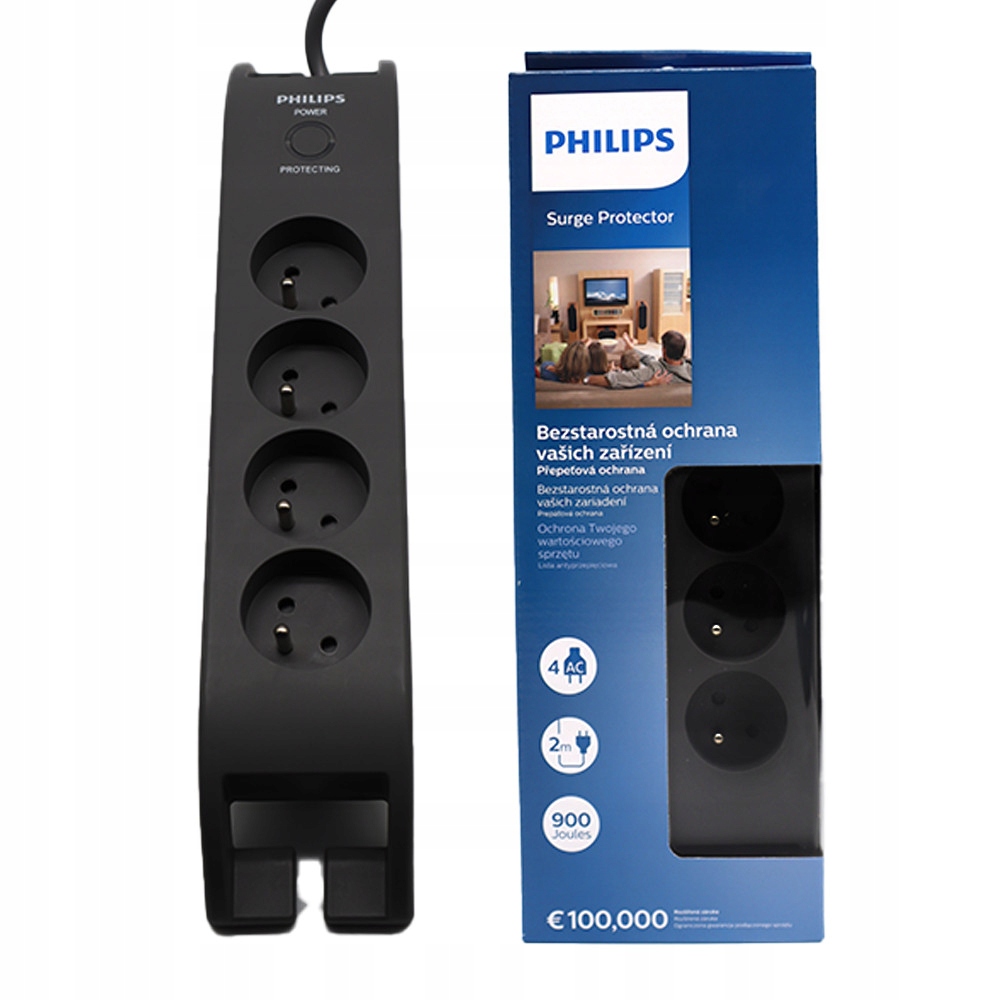 Síťový Prodlužovací Kabel Philips Zásuvková Lišta Pro Přepětí 4 Zásuvky 2 M C