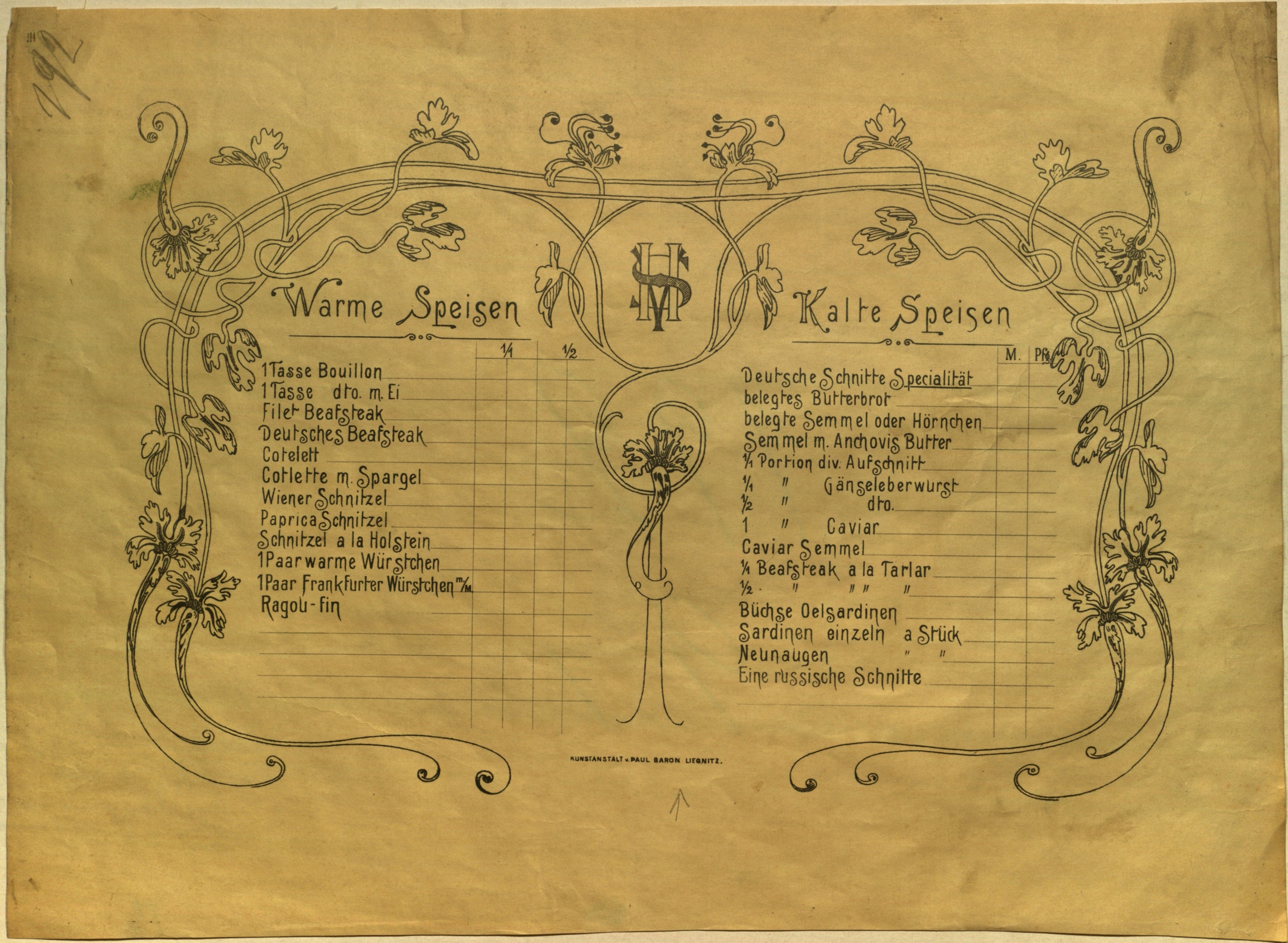 LEGNICA. Litografia, Paul Baron –menu restauracji, XIX / XX w